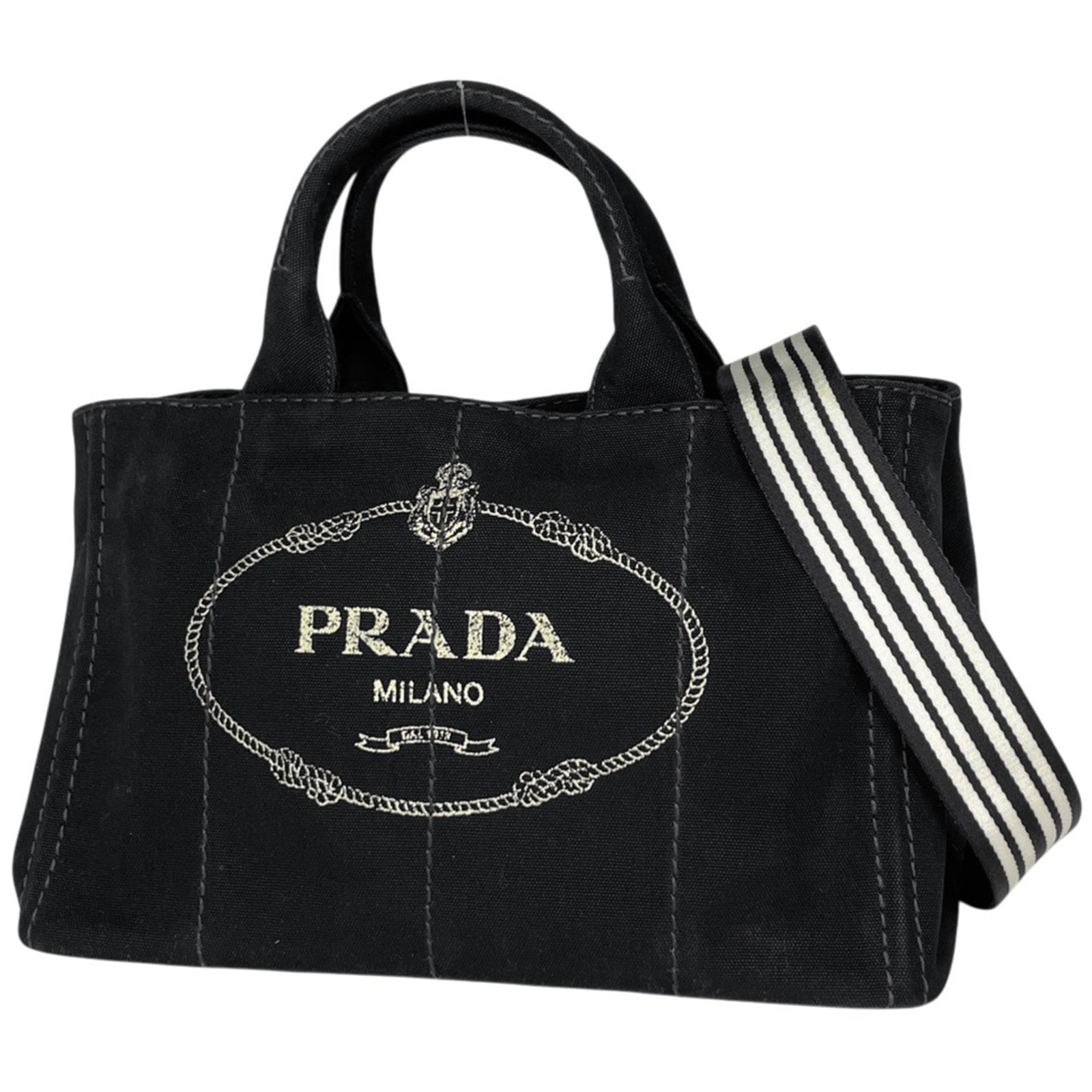 Tote bag canvas by Prada: Tote bag canvas by Prada Canvas tote bag by Prada, featuring a sleek black design. Made from high-quality canvas material, this stylish tote measures 22cm x 35cm x 22.5cm and has a compact size perfec