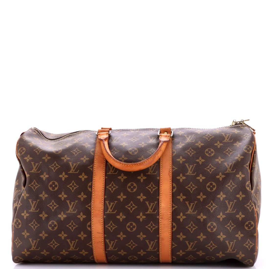 Louis Vuitton Monogram Canvas Keepall Bag: Louis Vuitton Monogram Canvas Keepall Bag Brown Louis Vuitton Monogram Canvas Keepall Bag with heavy cracking throughout, edge wear, and corner wear. The bag's canvas exterior has scuffs, creases, and