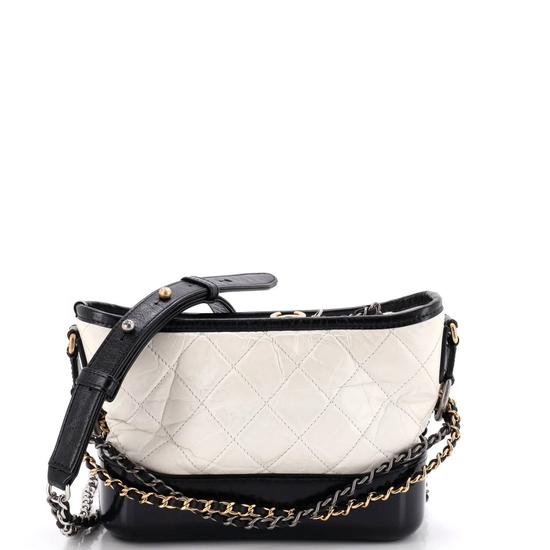 Chanel Gabrielle Hobo Quilted Aged Calfskin Small: Chanel Gabrielle Hobo Quilted Aged Calfskin Small Small Chanel Gabrielle Hobo Quilted Aged Calfskin in White with Black and Red Accents, featuring a classic quilted design and aged calfskin exterior.