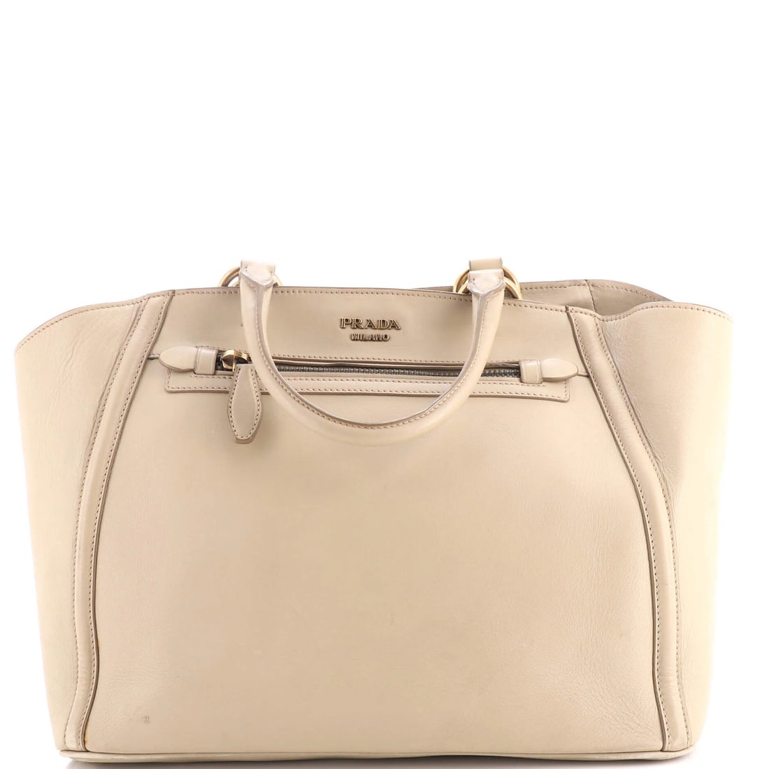 Calfskin Large Prada Calfskin City Front Tote Pocket: Calfskin Large Prada Calfskin City Front Tote Pocket Large Calfskin Prada City Front Tote with Neutral Exterior and Pink Interior, featuring a front pocket design. The item boasts a classic top