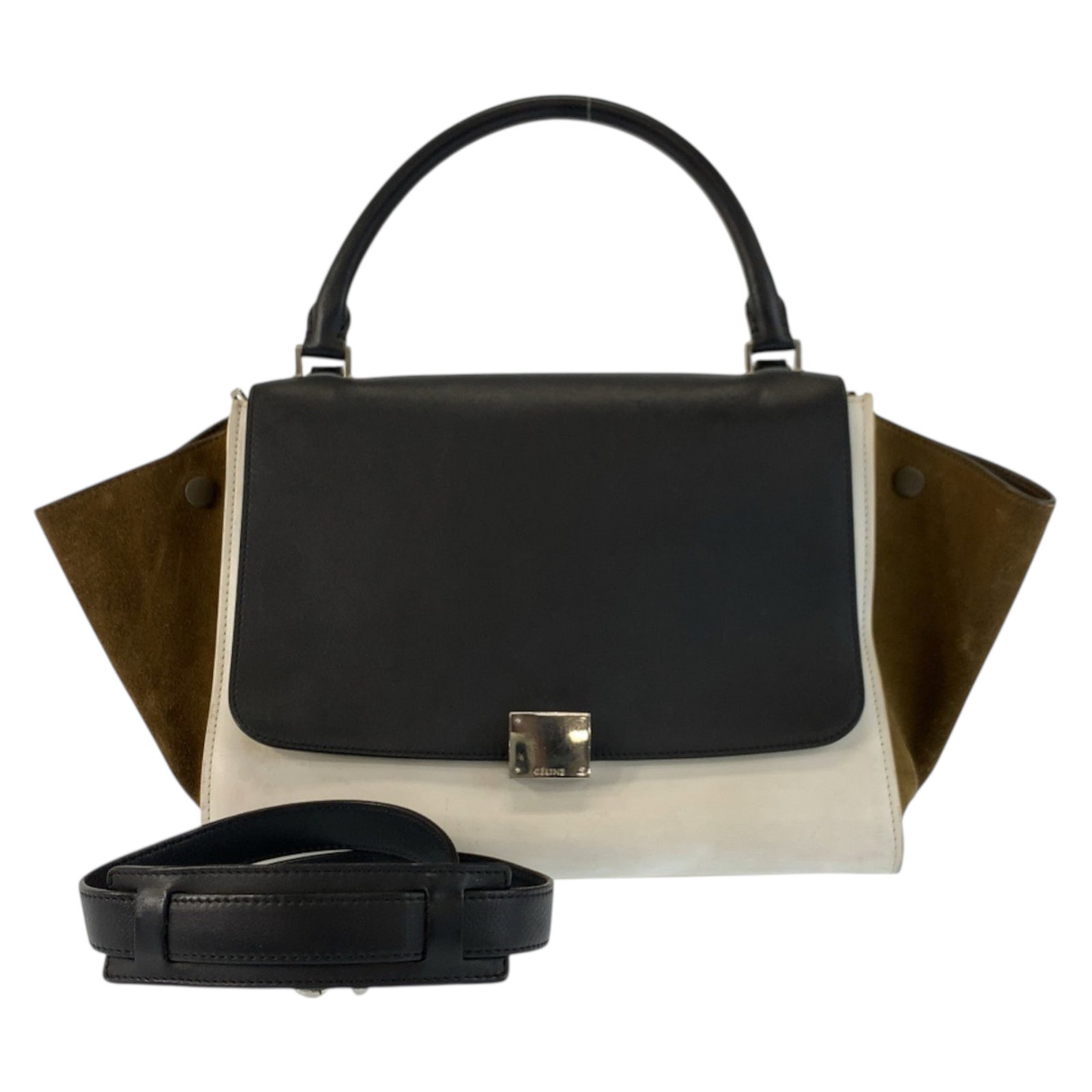 Celine Handbag Shoulder Bag Leather Suede: Celine Handbag Shoulder Bag Leather Suede Made in France, this Celine Trapeze shoulder bag boasts sleek black leather and suede accents. The spacious interior features a turn lock closure for secure s