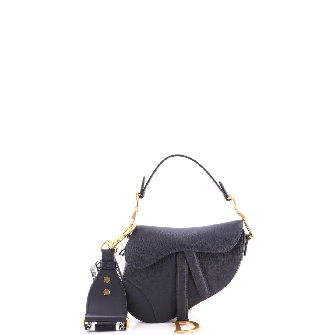 Christian Dior Saddle Handbag with Strap Leather Mini: Christian Dior Saddle Handbag with Strap Leather Mini Black leather Saddle Handbag with Strap Leather Mini from Christian Dior, featuring a classic shoulder bag design. The bag's exterior shows signs 