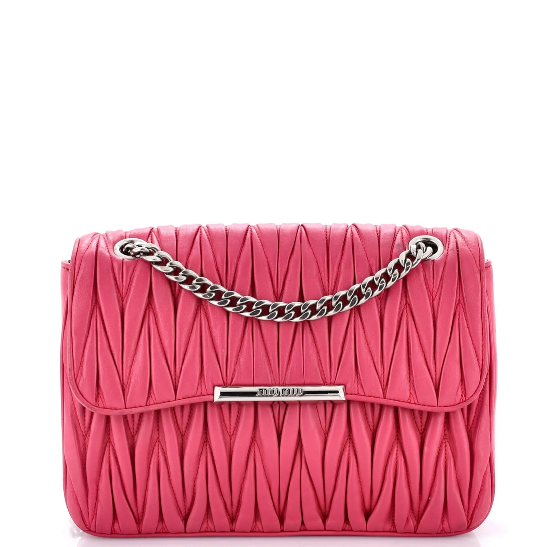 Miu Club Shoulder Bag Matelasse Leather Medium: Miu Club Shoulder Bag Matelasse Leather Medium Pink Miu Miu Club Shoulder Bag Matelasse Leather Medium with satin interior, featuring silver hardware and heavy edge wear. This cross body bag measures 