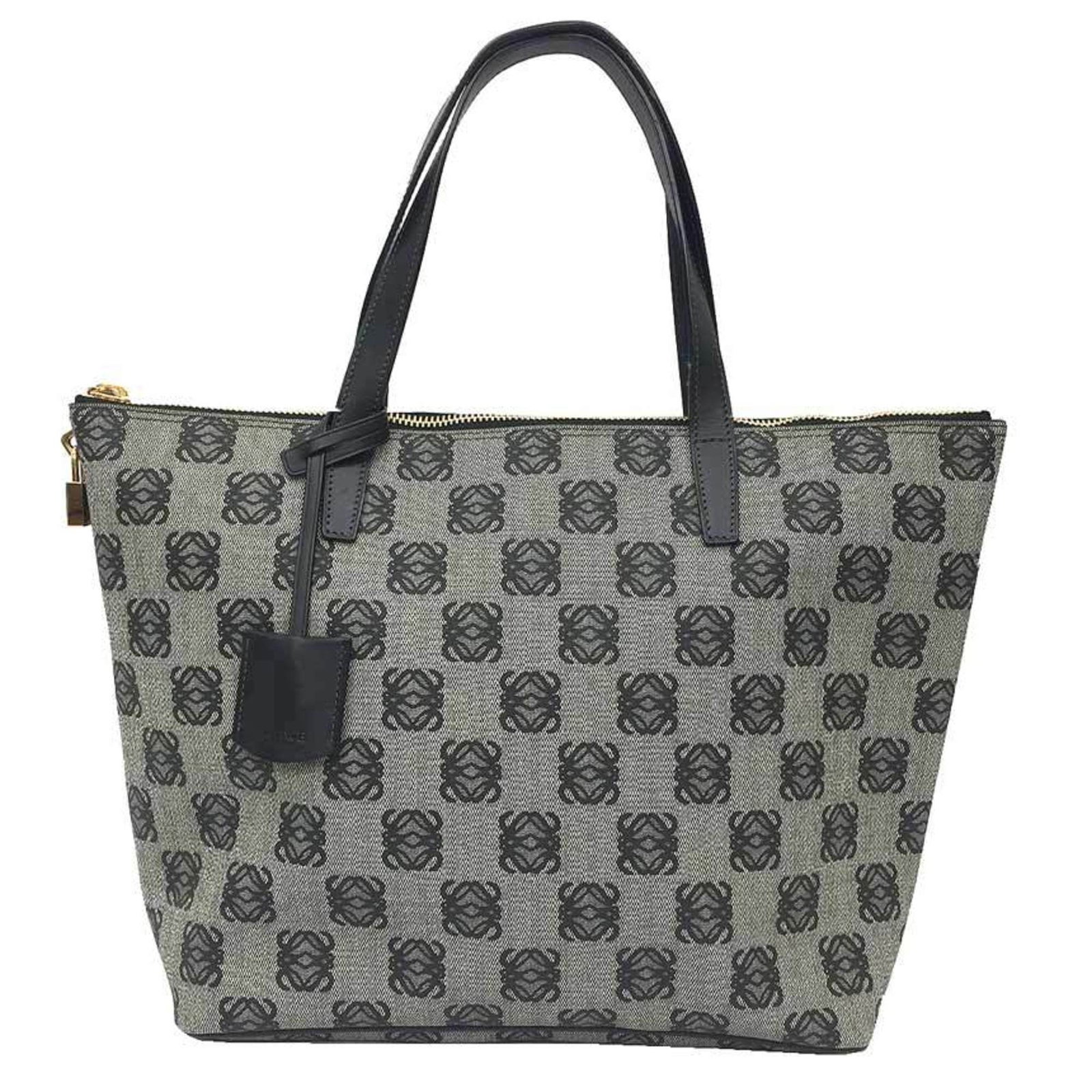 PVC Leather Loewe Tote Bag: PVC Leather Loewe Tote Bag PVC Leather Loewe Tote Bag with Clochette, Key, and Padlock. This black tote bag features a unique blend of PVC leather and genuine leather details, combining style with an 
