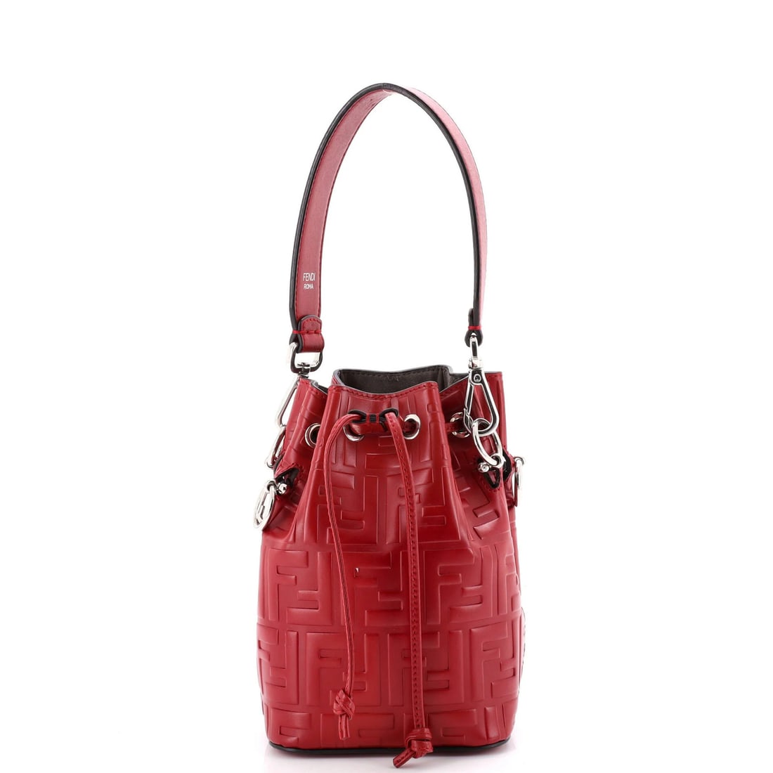Fendi Mon Tresor Bucket Bag Zucca Embossed Leather Mini: Fendi Mon Tresor Bucket Bag Zucca Embossed Leather Mini The Fendi Mon Tresor Bucket Bag Zucca Embossed Leather Mini boasts a striking red exterior with intricate embossing, showcasing the brand's sign