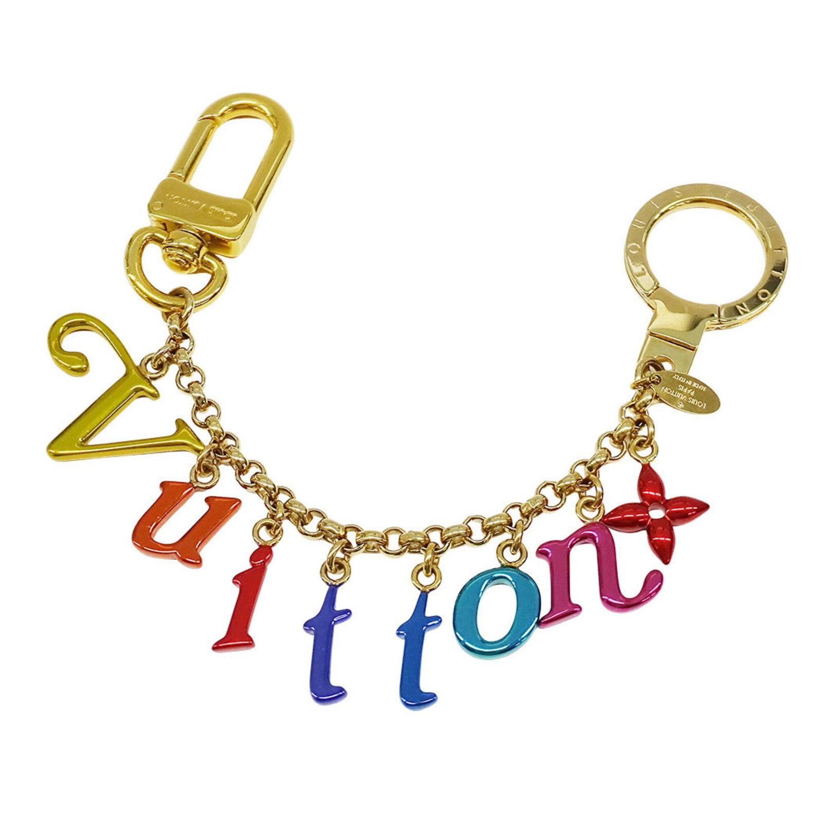 Metal gold plating keyring Louis Vuitton: Metal gold plating keyring Louis Vuitton Metal gold plating keyring Louis Vuitton bears a signature. Made from gold plating and metal, it measures 2.5cm x 20cm x 5.00mm. This multi-color item is craft