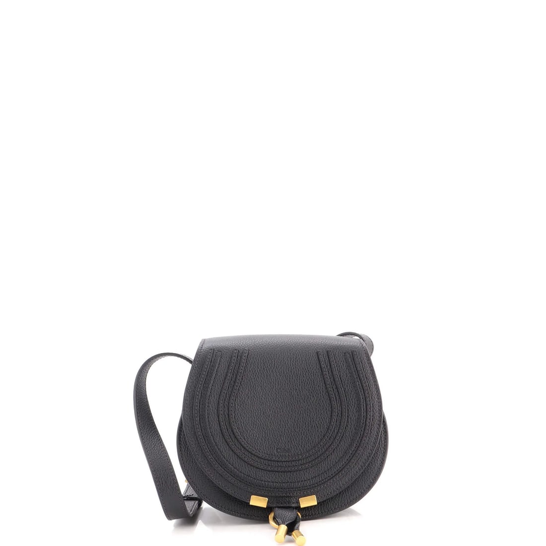 Chloe Marcie Crossbody Bag Leather Mini: Chloe Marcie Crossbody Bag Leather Mini Black leather mini crossbody bag with neutral interior, featuring minor creases on exterior and handles/straps. The bag measures 6.5" high, 7" wide, and 3" deep