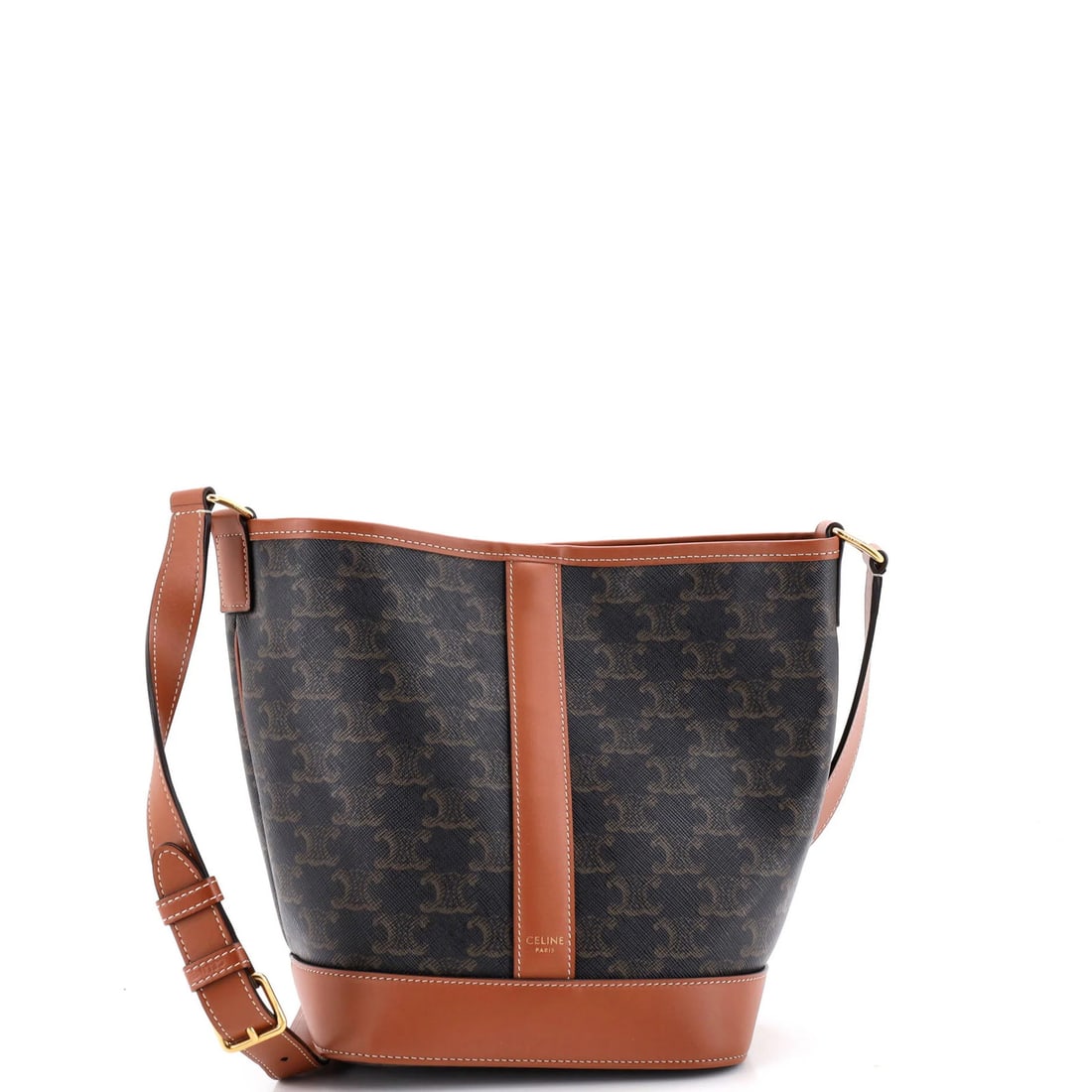 Coated Canvas Small Triomphe Bucket Celine Bag: Coated Canvas Small Triomphe Bucket Celine Bag Small Triomphe Bucket Bag in Brown Coated Canvas. This Celine small bucket bag boasts a stylish canvas exterior with minor creases and a rose gold buckle