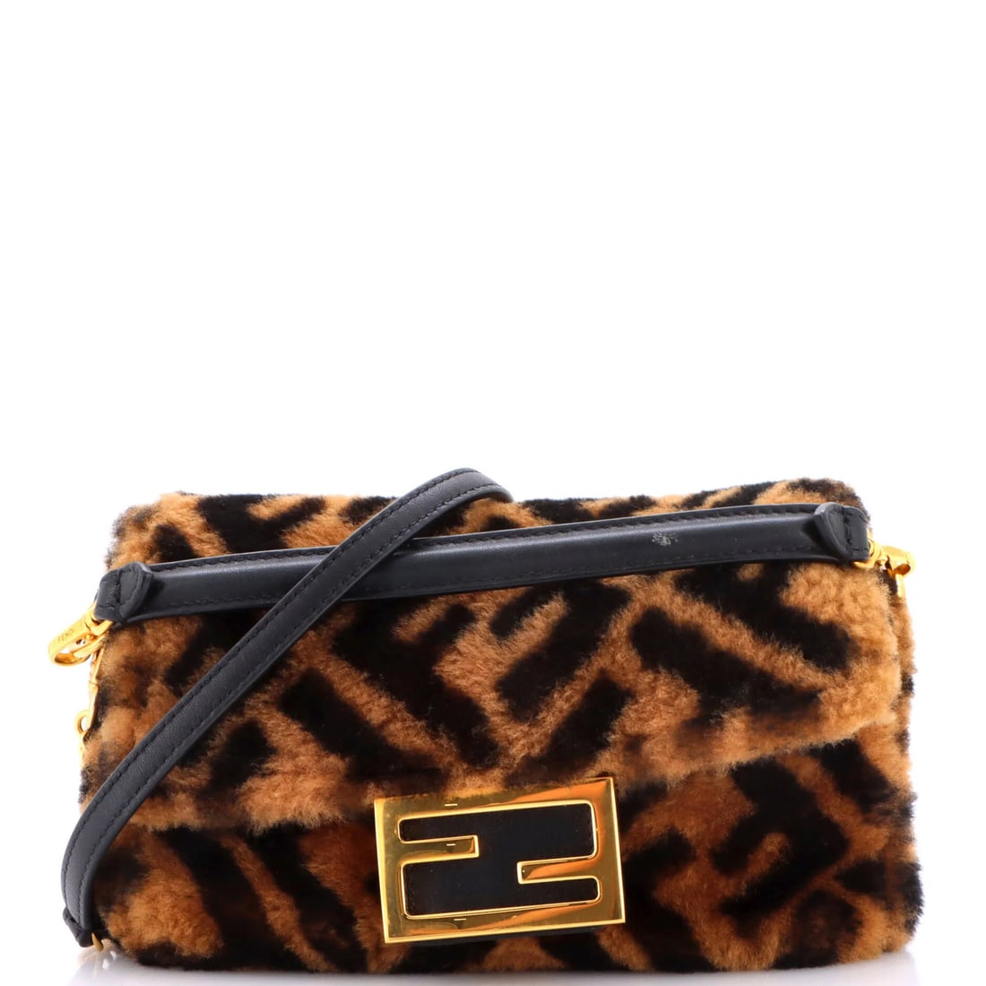 Shearling Zucca Mini Bag Fendi Baguette: Shearling Zucca Mini Bag Fendi Baguette Shearling Zucca Mini Bag Fendi Baguette - A stylish and compact cross-body bag featuring rich brown shearling exterior, gold hardware, and a spacious interior.