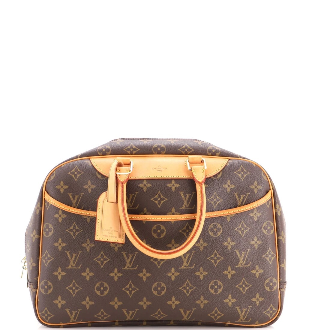 Louis Vuitton Deauville handbag monogram canvas: Louis Vuitton Deauville handbag monogram canvas Brown Louis Vuitton Deauville handbag monogram canvas, featuring a classic bowler design with heavy edge wear and scuffs. The bag measures 10.5" tall,
