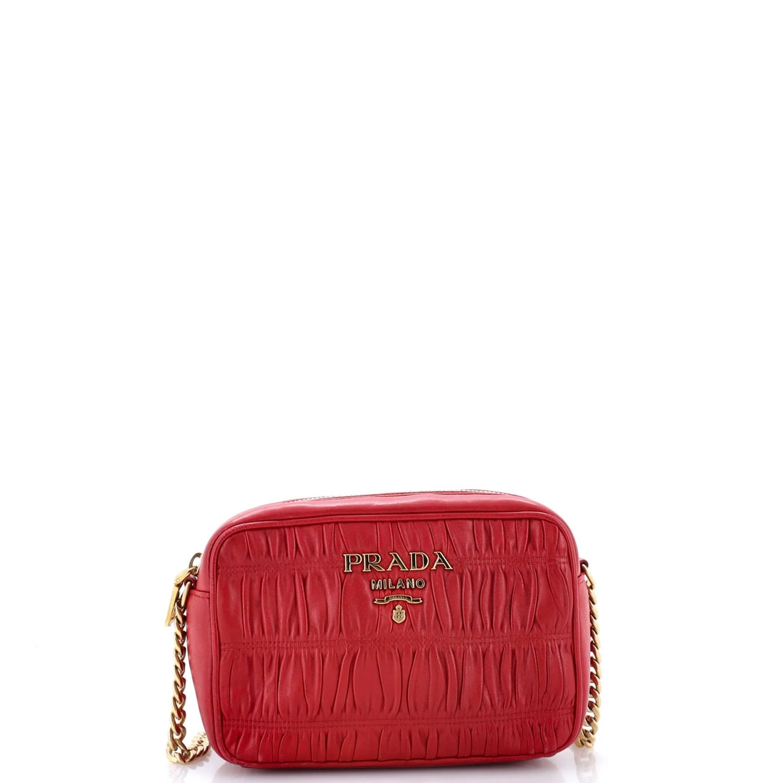 Nappa Gaufre Mini Camera Prada Bag: Nappa Gaufre Mini Camera Prada Bag Red Nappa Gaufre Mini Camera Prada Bag with Gold Hardware, featuring scuffs, creases, and edge wear on the exterior, and moderate odor in the interior. This mini