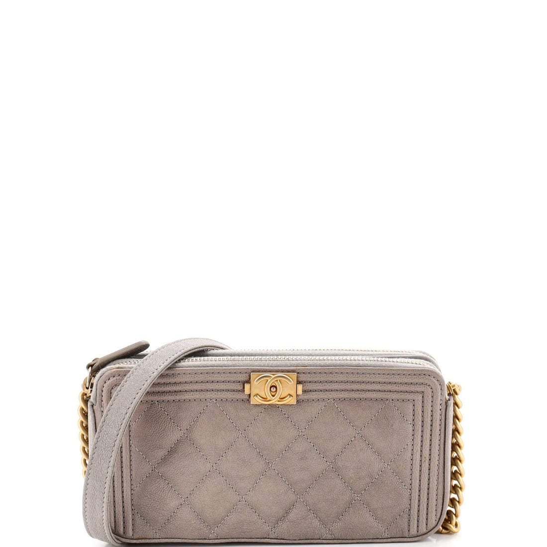 Chanel caviar quilted chain clutch boy double zip: Chanel caviar quilted chain clutch boy double zip Gray quilted caviar chain clutch with boy double zip design, featuring minor scuffs and creases on exterior leather. The interior fabric remains in ex