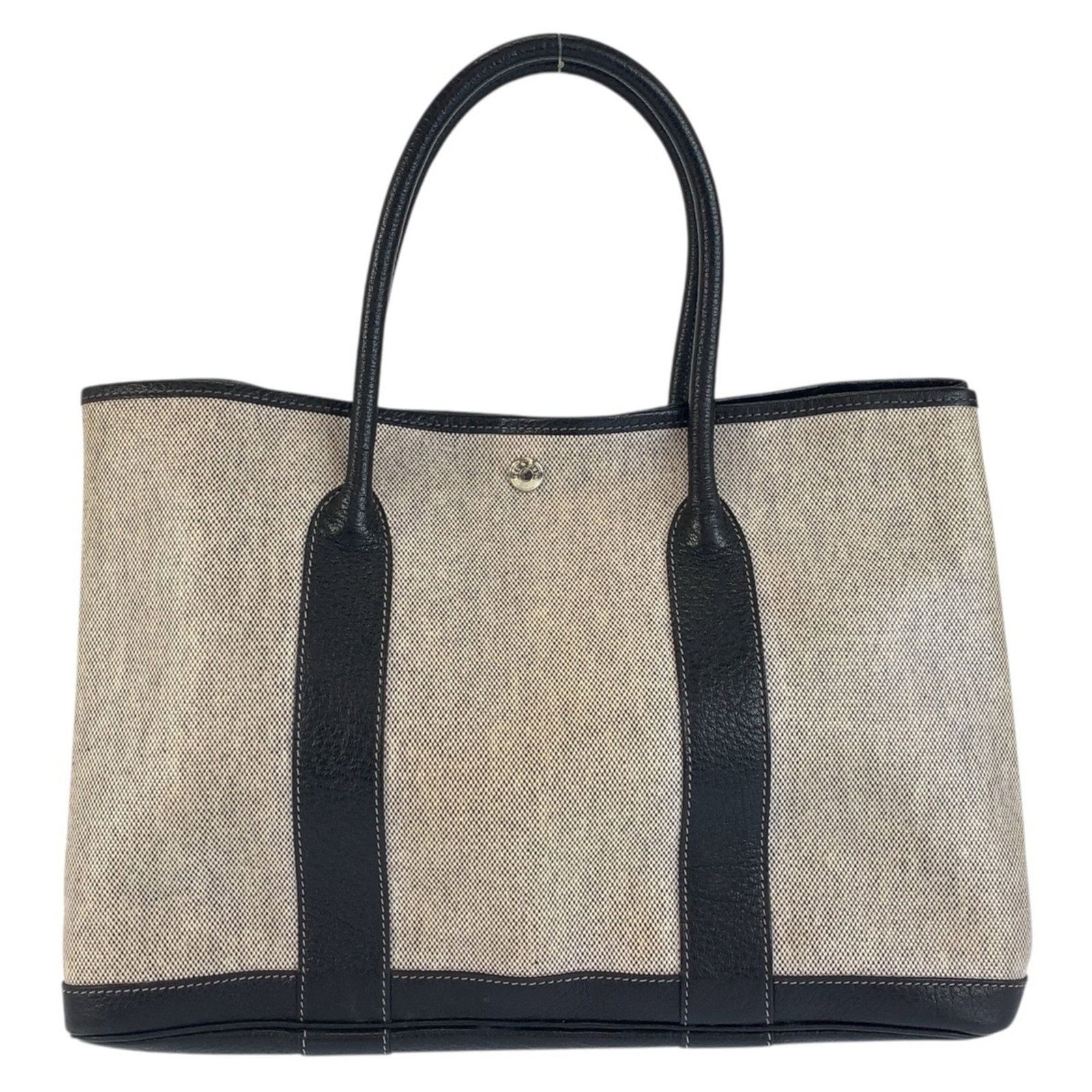 Hermes Handbag Tote Bag Toile H Leather: Hermes Handbag Tote Bag Toile H Leather Toile H Leather Handbag Tote from Hermes, crafted in France with iconic Toile H design, features black and gray color combination. Measuring 25cm x 37cm x 15cm,