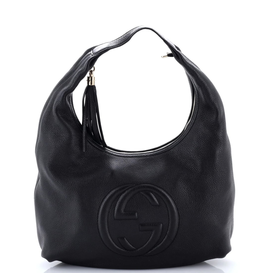 Hobo Leather Large Gucci Soho: Hobo Leather Large Gucci Soho Black Gucci Soho Hobo Leather Large features scuffs, edge wear, and minor creases on its exterior, with handles and straps showing similar signs of wear. The interior boa