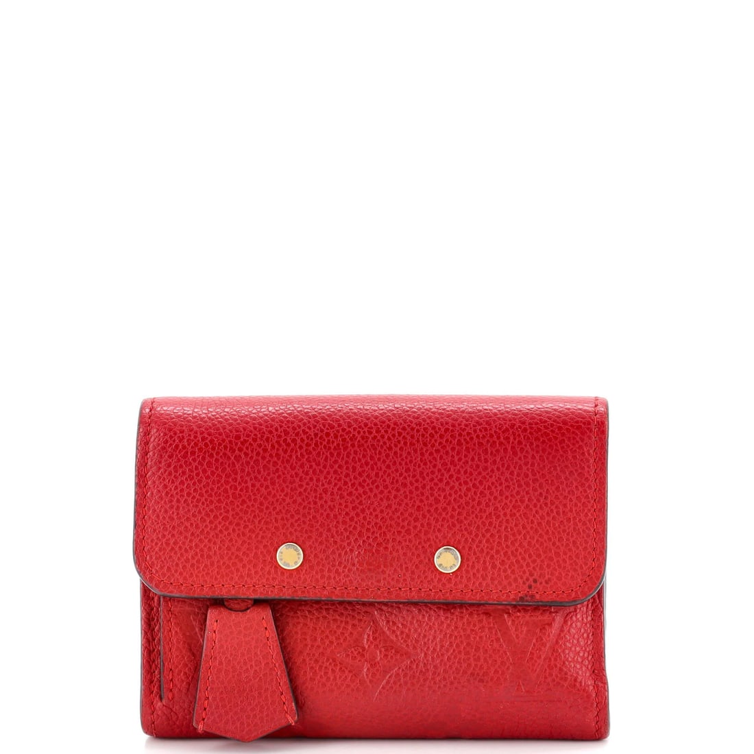 Monogram Empreinte Leather Compact Wallet Louis Vuitton: Monogram Empreinte Leather Compact Wallet Louis Vuitton Red Monogram Empreinte Leather Compact Wallet by Louis Vuitton features a striking exterior with minor wear and scuffs, adding character to its 