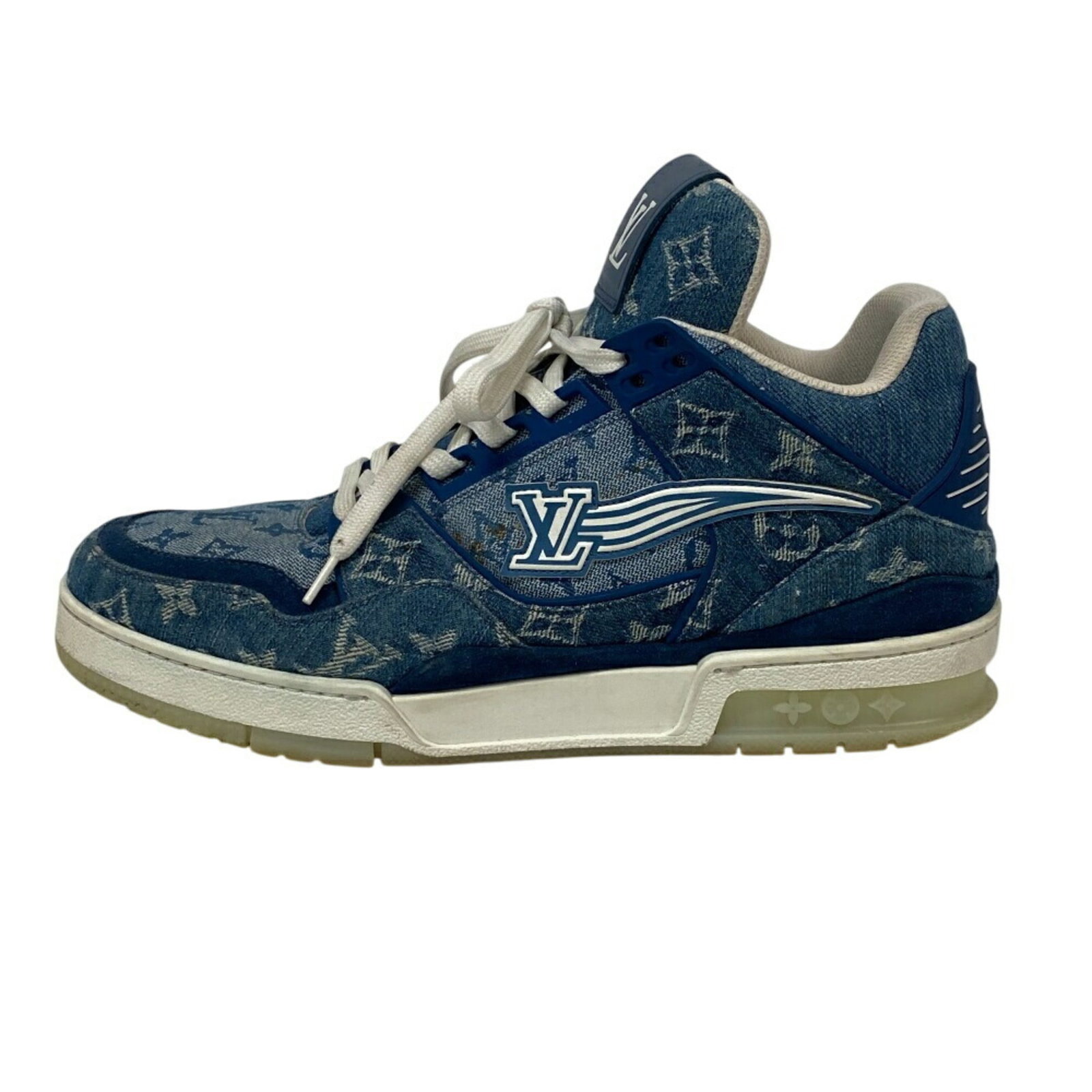 Louis Vuitton sneakers: Louis Vuitton sneakers Blue and White Louis Vuitton sneakers feature denim and leather upper materials, making them a stylish choice. The item comes with a box for added convenience. A signature