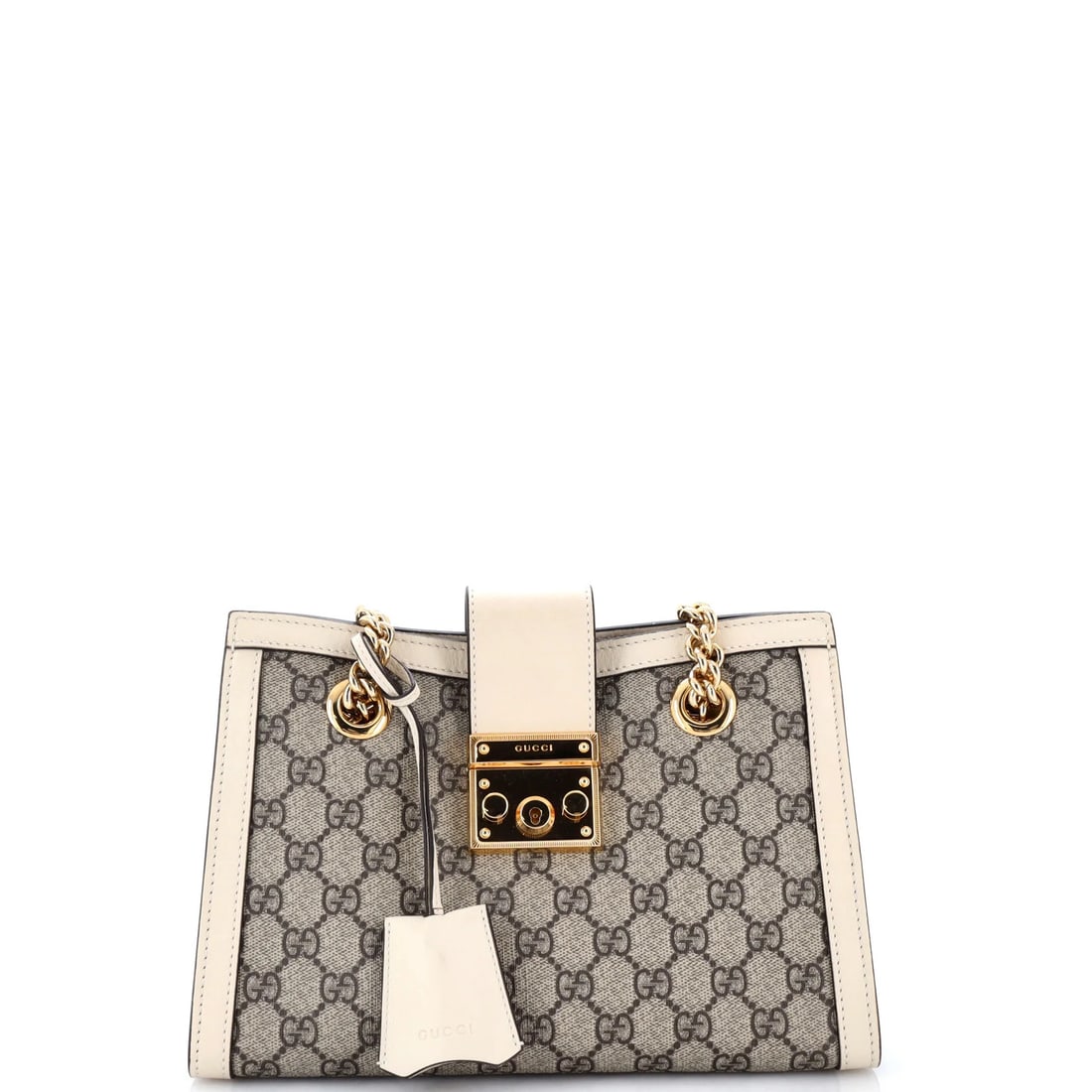 Gucci GG Coated Canvas Tote Leather Small Padlock Chain: Gucci GG Coated Canvas Tote Leather Small Padlock Chain Small Gucci GG Coated Canvas Tote with Leather Padlock Chain, featuring neutral exterior and microfiber interior. This excellent condition