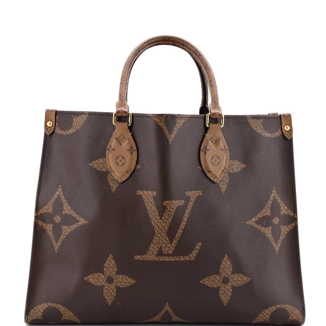 Louis Vuitton OnTheGo Tote Reverse Monogram Giant MM: Louis Vuitton OnTheGo Tote Reverse Monogram Giant MM Brown Louis Vuitton OnTheGo Tote Reverse Monogram Giant MM in Very Good Condition, featuring scuffs, edge wear, discoloration, and minor stains.