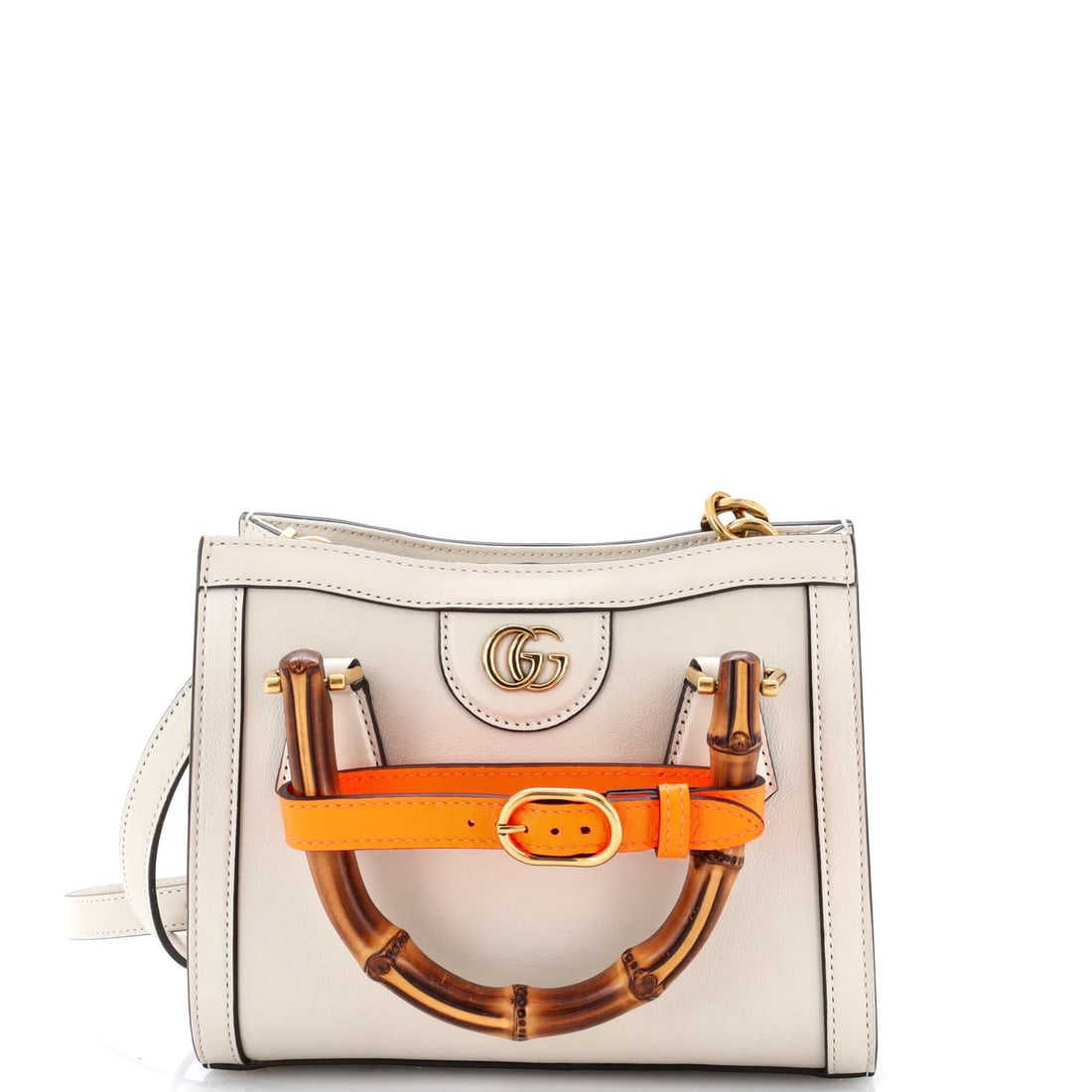 Leather Mini Handle Bamboo Gucci Tote Diana: Leather Mini Handle Bamboo Gucci Tote Diana White leather mini cross body bag with bamboo handle, featuring Gucci's signature style and excellent condition. Minor scuffs, creases, and cracking are pre