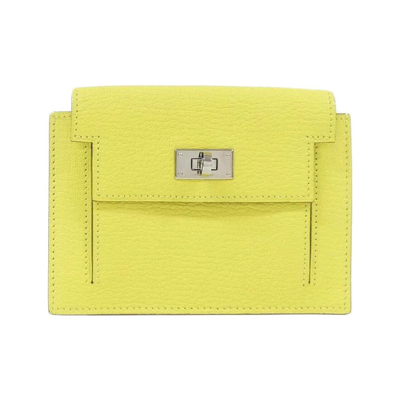 Chevre Leather Hermes Card Wallet: Chevre Leather Hermes Card Wallet Chevre leather from the iconic French fashion house Hermes, this card wallet boasts a vibrant Lime and Yellow color combination. Made with high-quality chevre leather