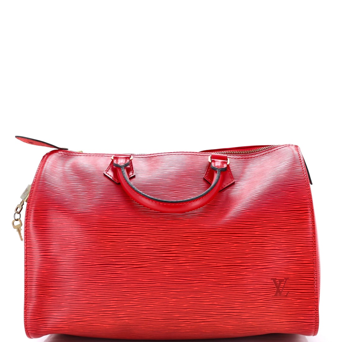 Louis Vuitton Speedy Handbag Epi Leather 30: Louis Vuitton Speedy Handbag Epi Leather 30 Red Louis Vuitton Speedy Handbag Epi Leather 30 features a classic top handle design and measures 8" tall, 13" wide, and 7" deep. The exterior showcases