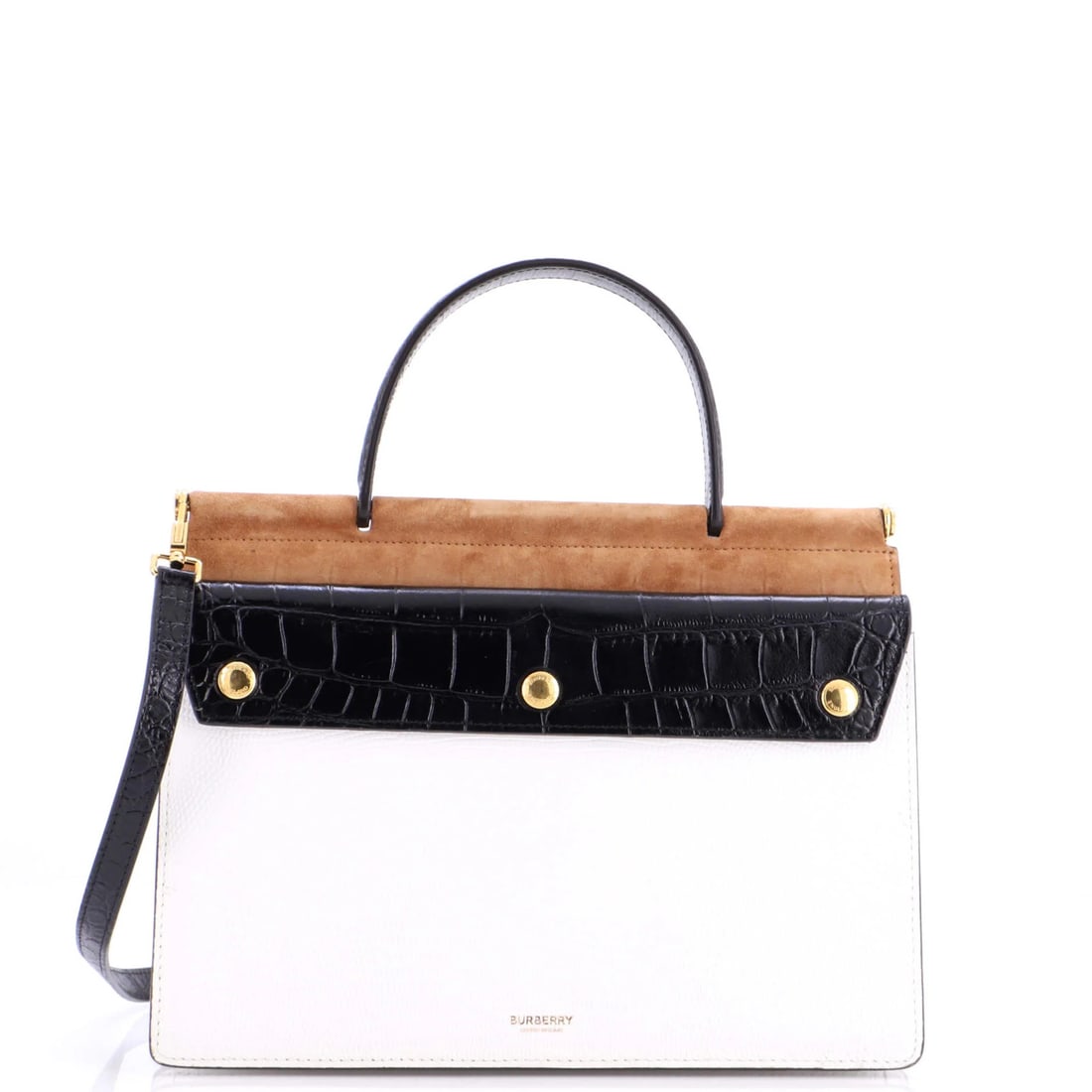 Burberry Panelled Title Front Pocket Top Handle Bag Embossed Leather and Suede: Burberry Panelled Title Front Pocket Top Handle Bag Embossed Leather and Suede Small, panelled leather and suede top handle bag with embossed details. Features a classic front pocket and gold hardware