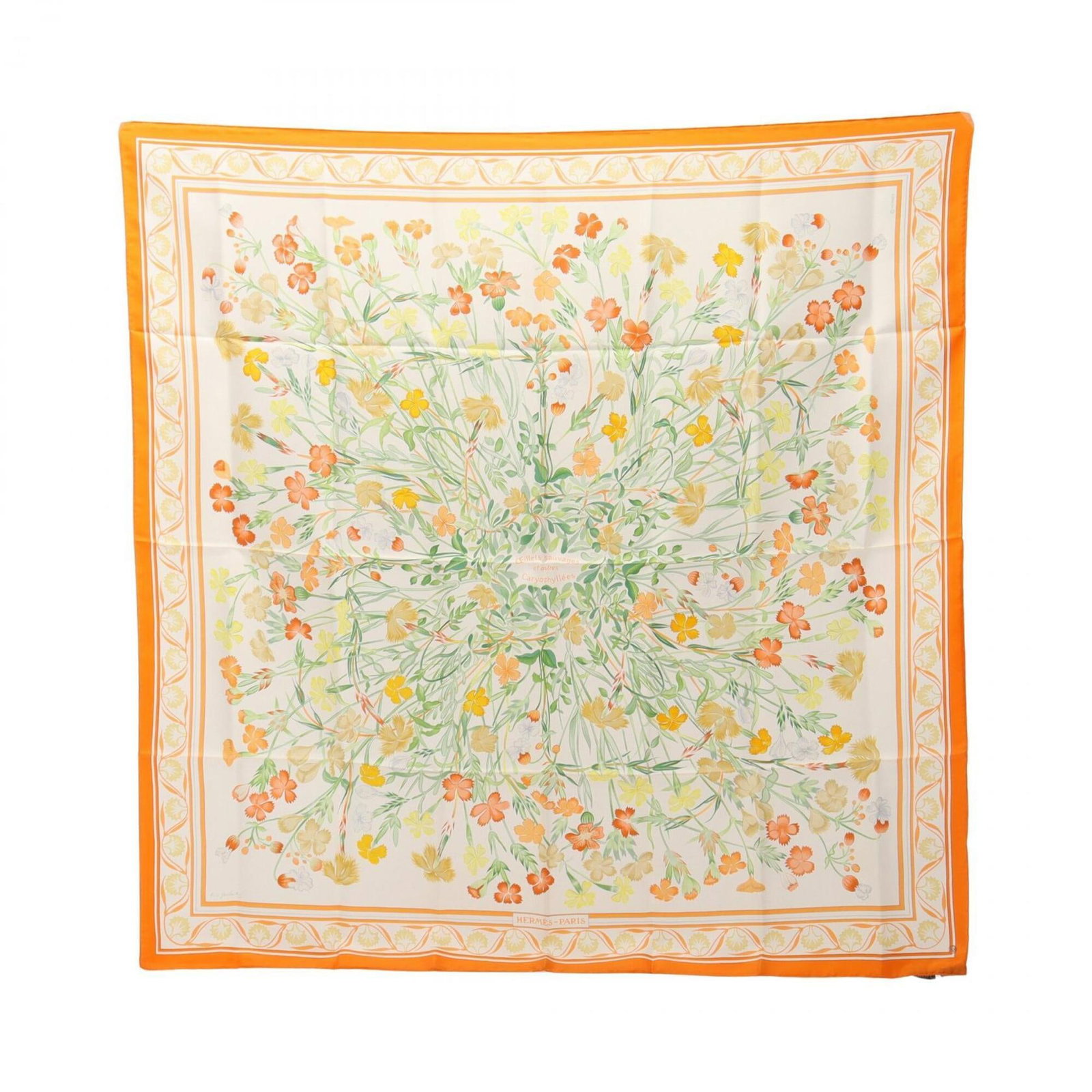 Hermes Silk Scarf: Hermes Silk Scarf Silk Scarf from the renowned French fashion house Hermes, boasting a vibrant multi-color design with striking orange and white hues. Measuring 90cm x 90cm in size, this luxurious
