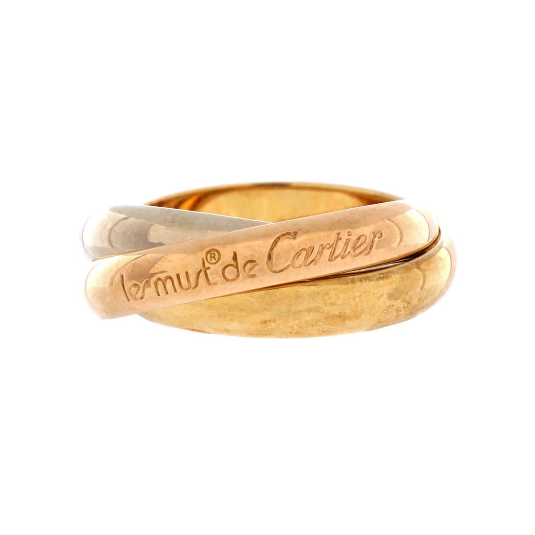 Cartier Les Must de Cartier Trinity Ring 18K Tricolor Gold: Cartier Les Must de Cartier Trinity Ring 18K Tricolor Gold 18K Tricolor Gold Cartier Les Must de Cartier Trinity Ring. This exquisite ring showcases a unique tricolor gold design, featuring 18K rose