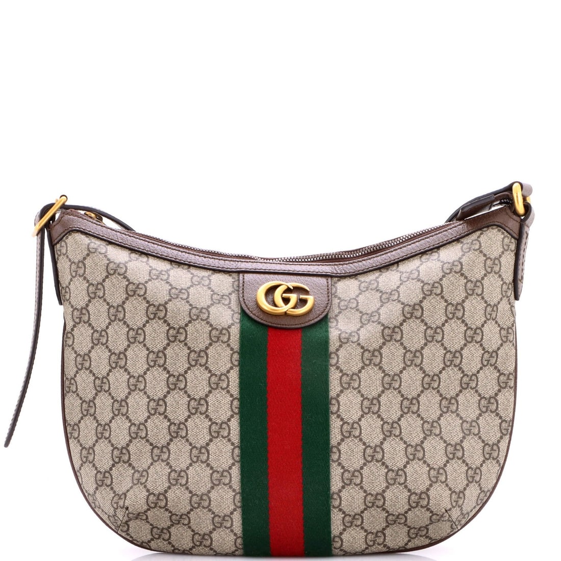 Small GG Coated Canvas Hobo Half Moon Gucci Ophidia: Small GG Coated Canvas Hobo Half Moon Gucci Ophidia Small GG Coated Canvas Hobo Half Moon Gucci Ophidia features a brown canvas exterior with minor scuffs and creases. The bag's neutral interior has a