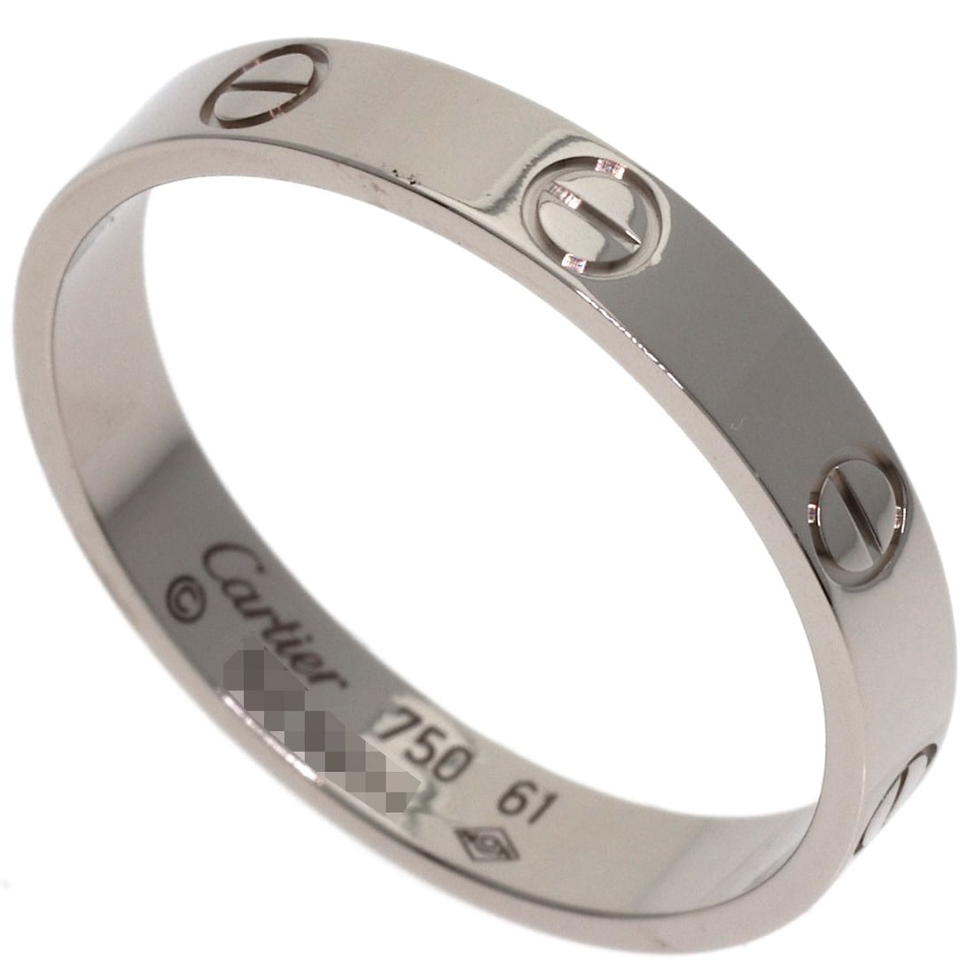 Cartier Mini Love Ring #61 Ring K18 White Gold: Cartier Mini Love Ring #61 Ring K18 White Gold Cartier Mini Love Ring #61 features K18 White Gold construction, showcasing the purity and elegance of silver metal. This ring has a unique size, measuri