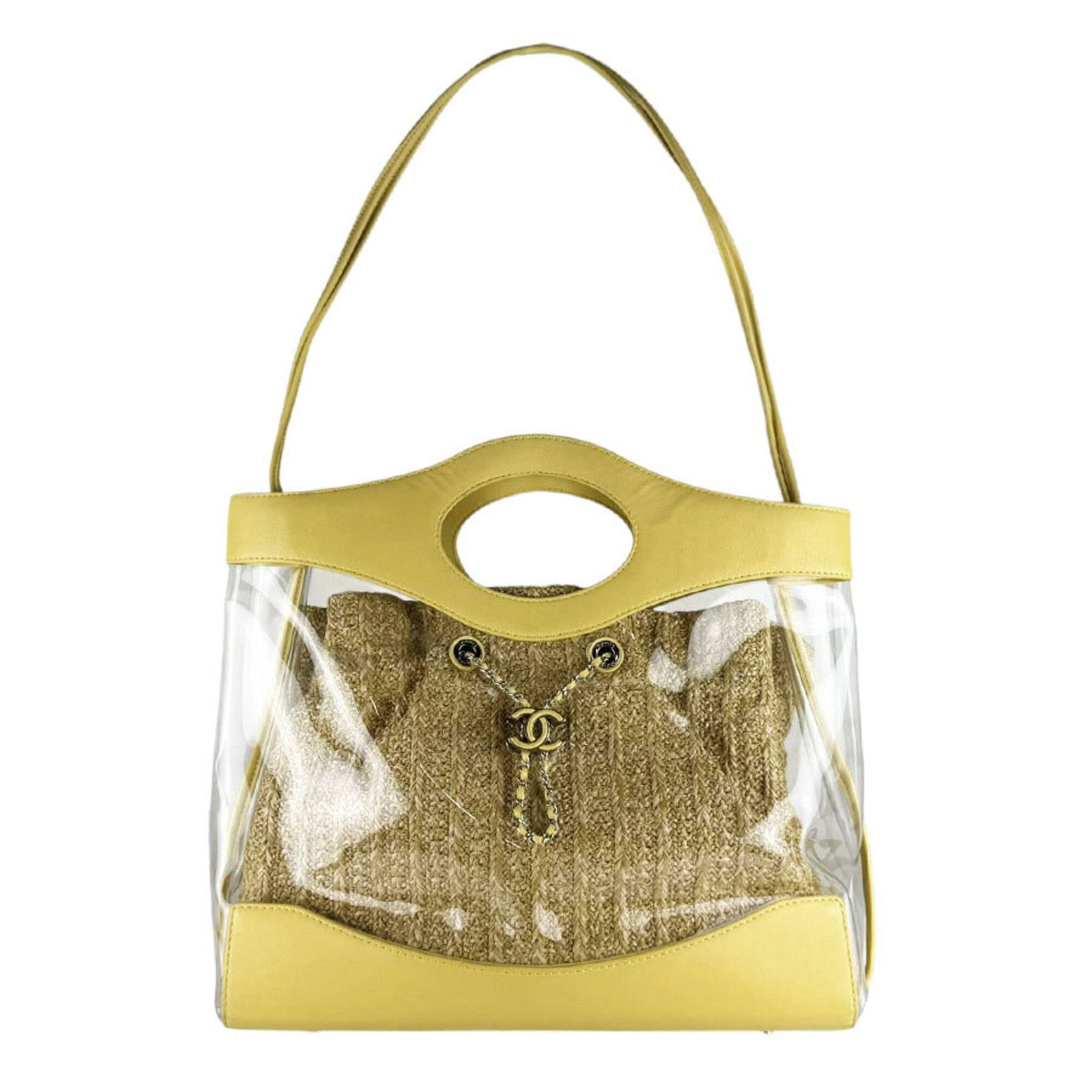Handbag Chanel Leather Shoulder Bag Vinyl: Handbag Chanel Leather Shoulder Bag Vinyl Leather and vinyl combine in a vibrant yellow Chanel shoulder bag, measuring 29cm x 39cm x 12cm. The Italian-made design features a classic shape with clean l