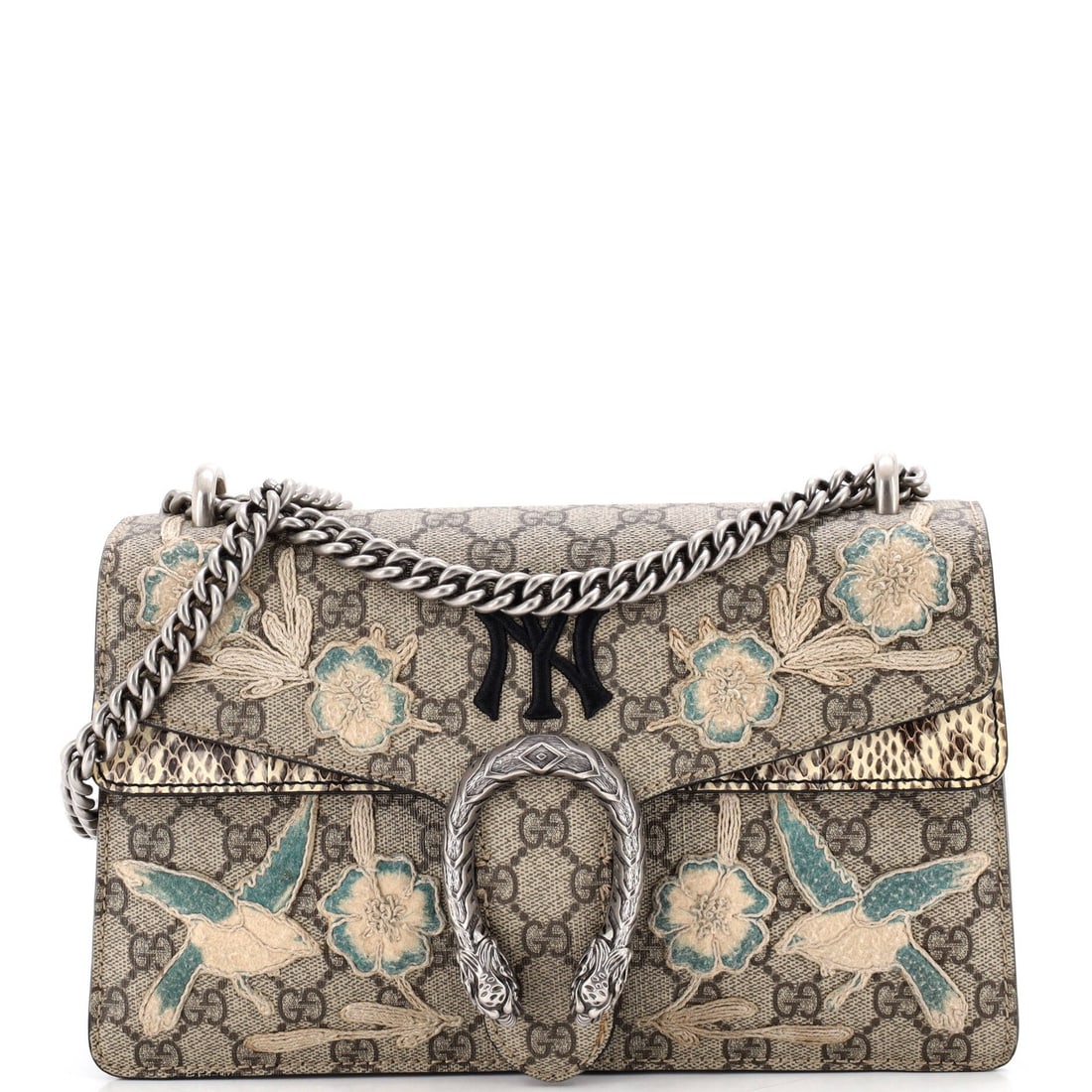 Canvas bag python coated embroidered gucci dionysus small gg: Canvas bag python coated embroidered gucci dionysus small gg Canvas bag python coated embroidered Gucci Dionysus small GG, featuring a stylish brown exterior with scuffs and cracking on the edges.