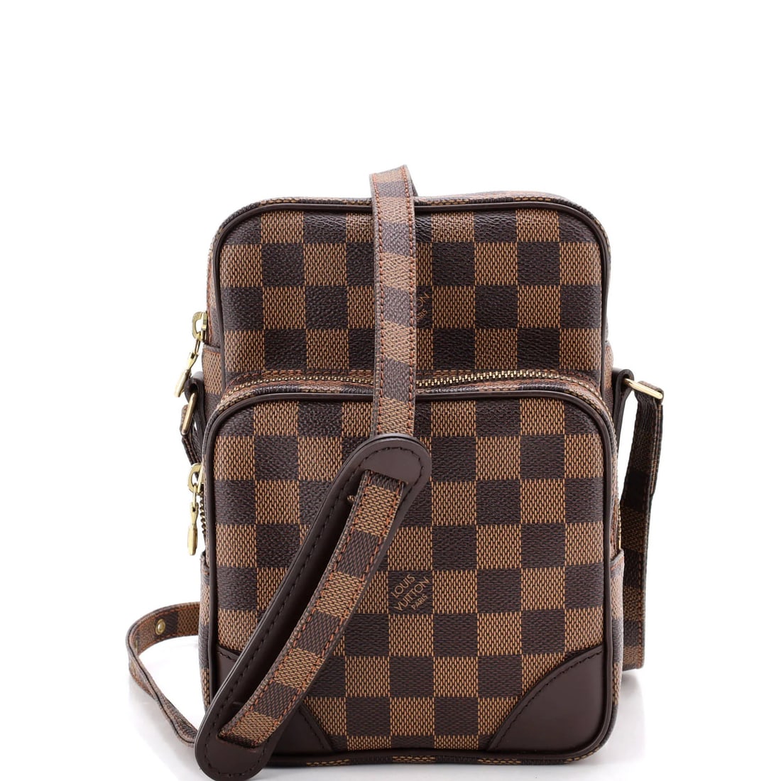 Vuitton Louis Amazone Damier Bag: Vuitton Louis Amazone Damier Bag Brown Louis Vuitton Amazone Damier Canvas Cross Body Bag with Leather Interior and Gold Hardware, featuring minor scuffs, creases, and cracking on the exterior pocket