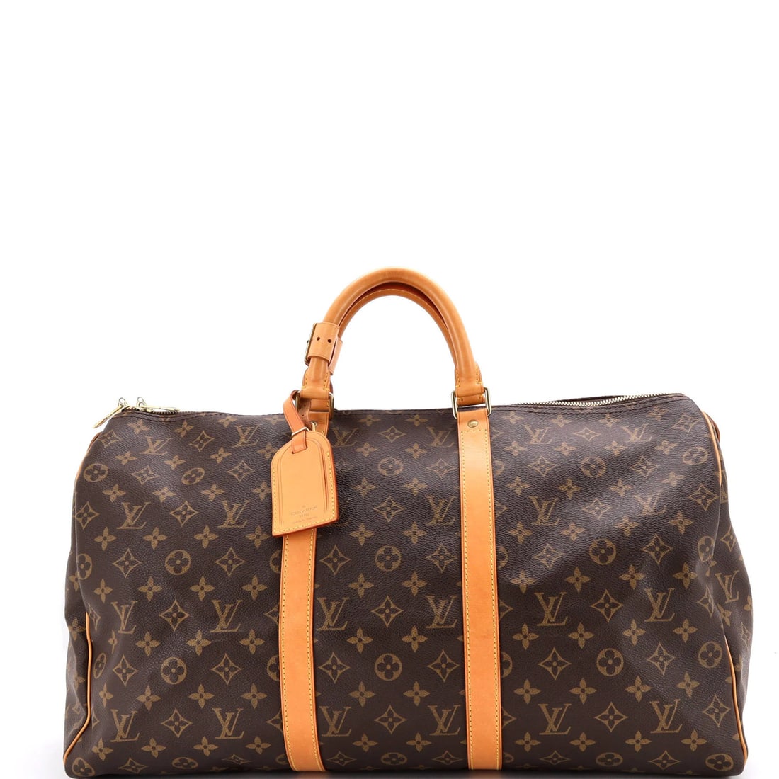 Louis Vuitton Monogram Canvas Keepall Bag: Louis Vuitton Monogram Canvas Keepall Bag The Louis Vuitton Monogram Canvas Keepall Bag boasts its iconic brown monogram canvas exterior, adorned with gold hardware and a sturdy design. Measuring 11"