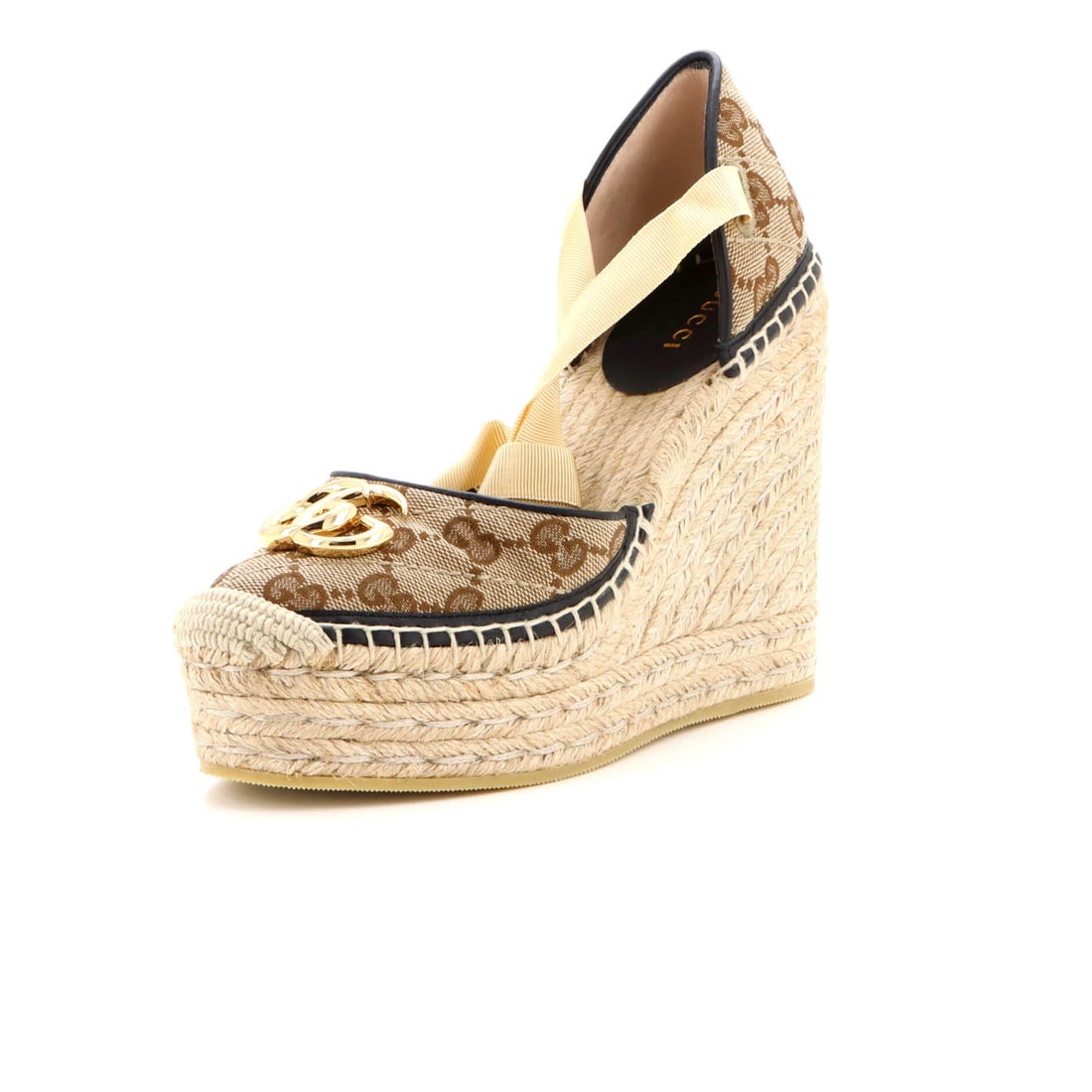 Gucci Women's GG Canvas Espadrilles Wedge Quilted Marmont Diagonal: Gucci Women's GG Canvas Espadrilles Wedge Quilted Marmont Diagonal Black GG Marmont Wedge Espadrilles Diagonal Quilted Canvas Shoes with Gold Hardware, featuring Gucci's iconic GG canvas upper and