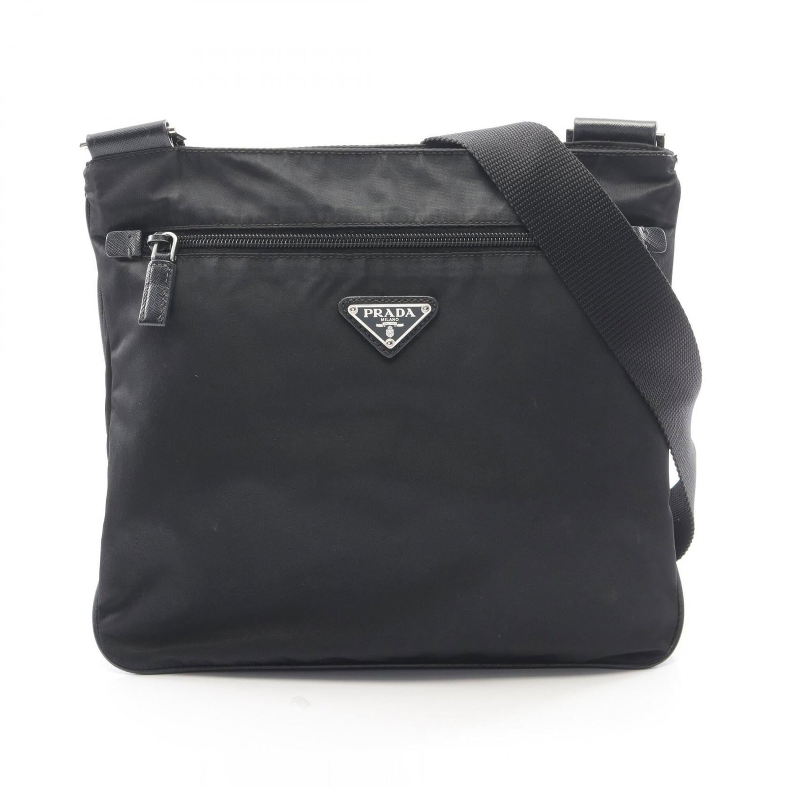 Nylon leather shoulder handbag by Prada: Nylon leather shoulder handbag by Prada Saffiano leather exterior and nylon interior combine in this sleek, black shoulder handbag from Prada. Measuring 27cm x 30cm x 10cm, it features a classic desig