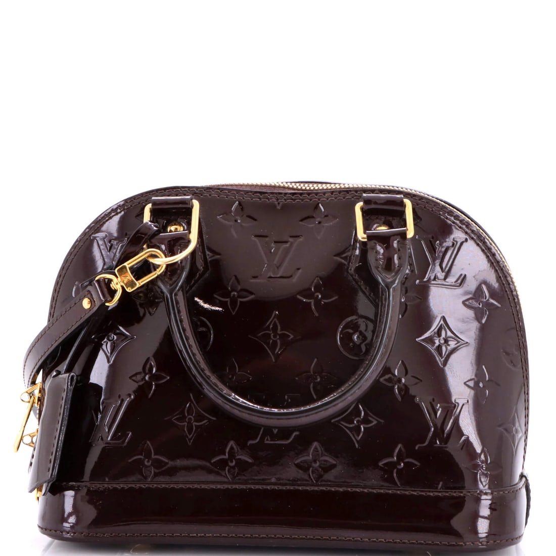 Handbag Alma Monogram Vernis Louis Vuitton BB: Handbag Alma Monogram Vernis Louis Vuitton BB Burgundy patent leather exterior, gold hardware, and brown interior make up the distinctive Alma Monogram Vernis BB handbag from Louis Vuitton. Measuring 