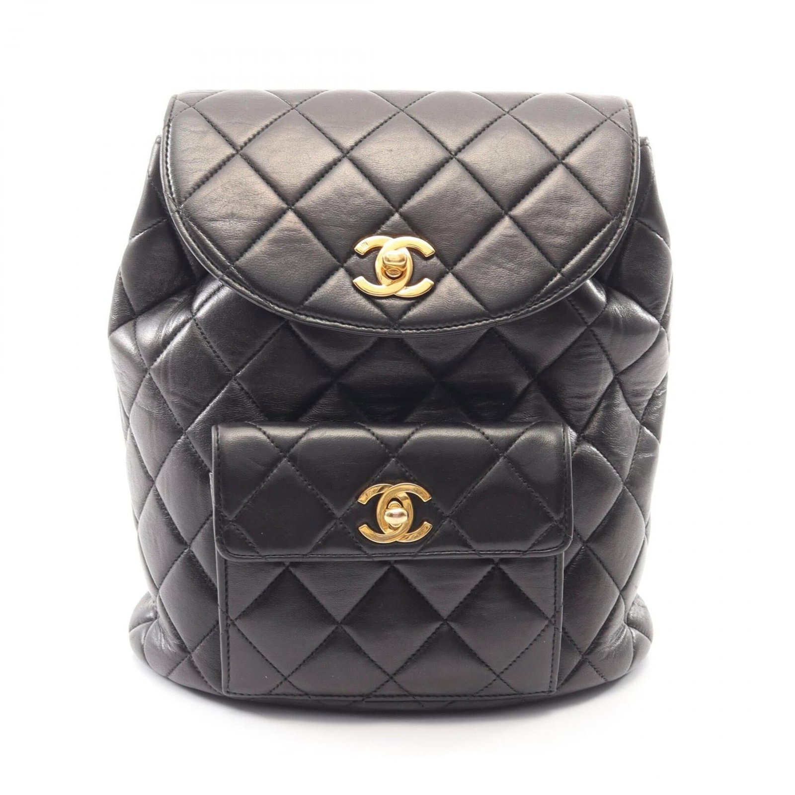 Chanel leather backpack: Chanel leather backpack Chanel's iconic lambskin leather backpack boasts sleek, modern lines and a timeless design. Crafted from high-quality black lambskin, this stylish bag features clean edges and