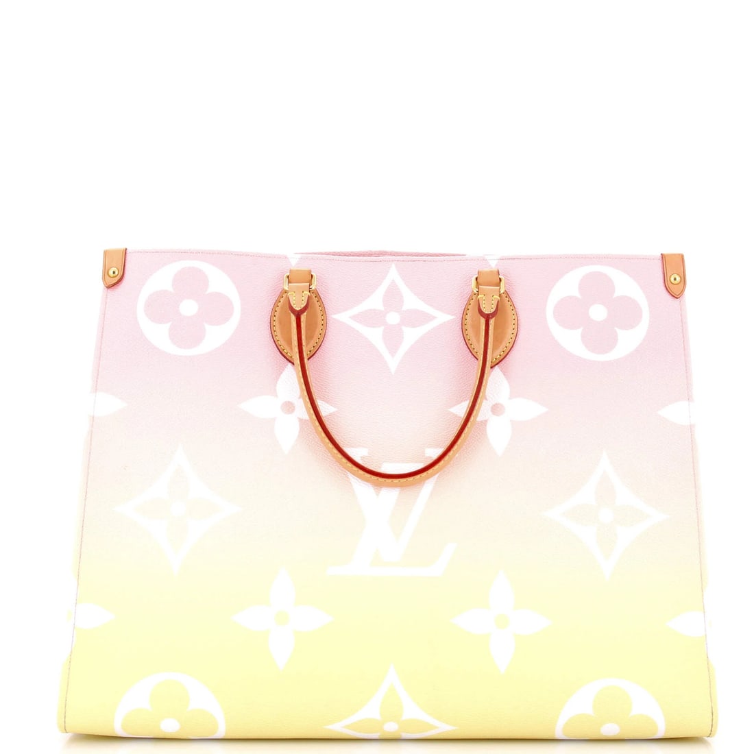Louis Vuitton OnTheGo Tote By The Pool Monogram Giant GM: Louis Vuitton OnTheGo Tote By The Pool Monogram Giant GM The Louis Vuitton OnTheGo Tote By The Pool Monogram Giant GM features a vibrant pink and yellow exterior with the iconic monogram pattern,