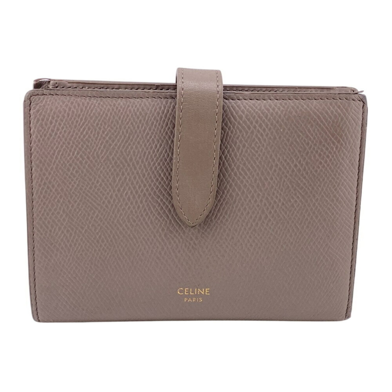 Leather Bi Fold Wallet: Leather Bi Fold Wallet The Celine Leather Bi Fold Wallet boasts a classic design with clean lines and a timeless beige color. Made from high-quality leather, its bi-fold structure provides ample