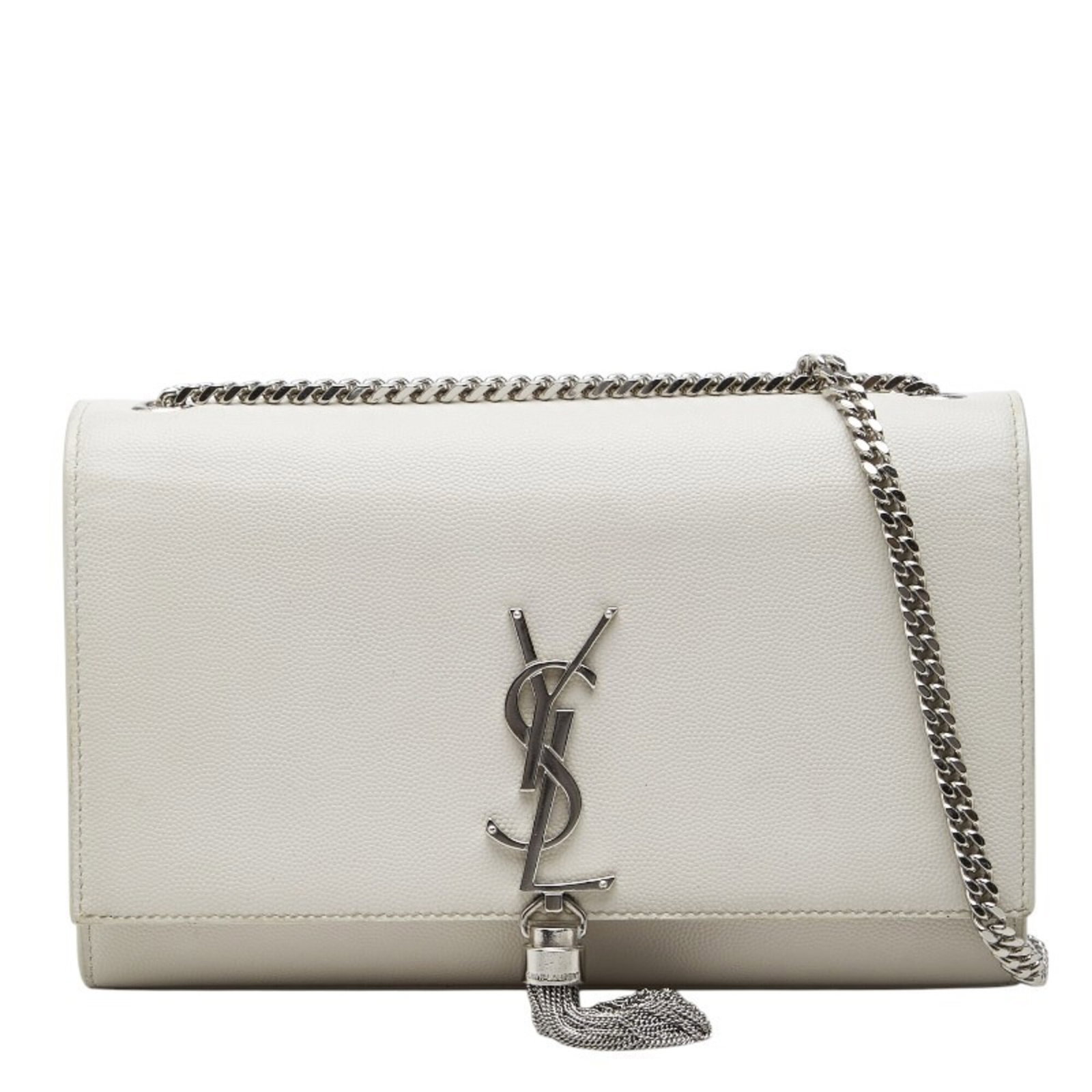 Saint Laurent Shoulder Bag Leather: Saint Laurent Shoulder Bag Leather This ivory and white leather shoulder bag from Saint Laurent features clean lines, classic design, and premium materials. With its compact size and elegant proportio
