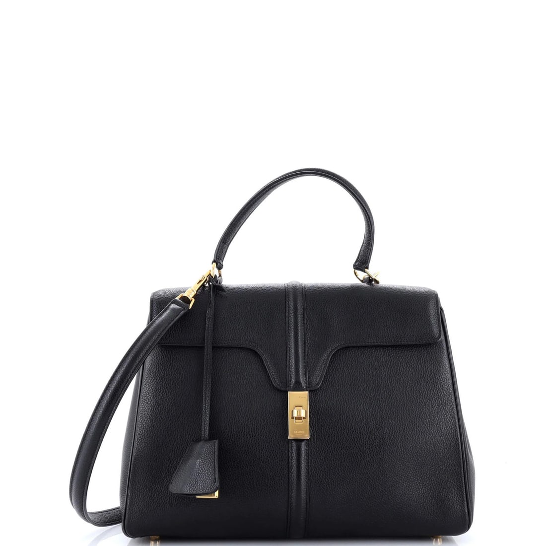 Celine 16 Top Handle Bag Grained Calfskin Medium: Celine 16 Top Handle Bag Grained Calfskin Medium Celine's 16 Top Handle Bag boasts a sleek, all-black design crafted from high-quality Grained Calfskin leather. The medium size features a gold-toned