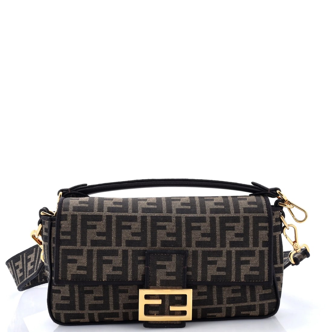 Fendi Baguette NM Bag Zucca Canvas Medium: Fendi Baguette NM Bag Zucca Canvas Medium The Fendi Baguette NM Bag Zucca Canvas Medium boasts a rich, brown canvas exterior with gold hardware. This medium-sized shoulder bag features an extra strap 