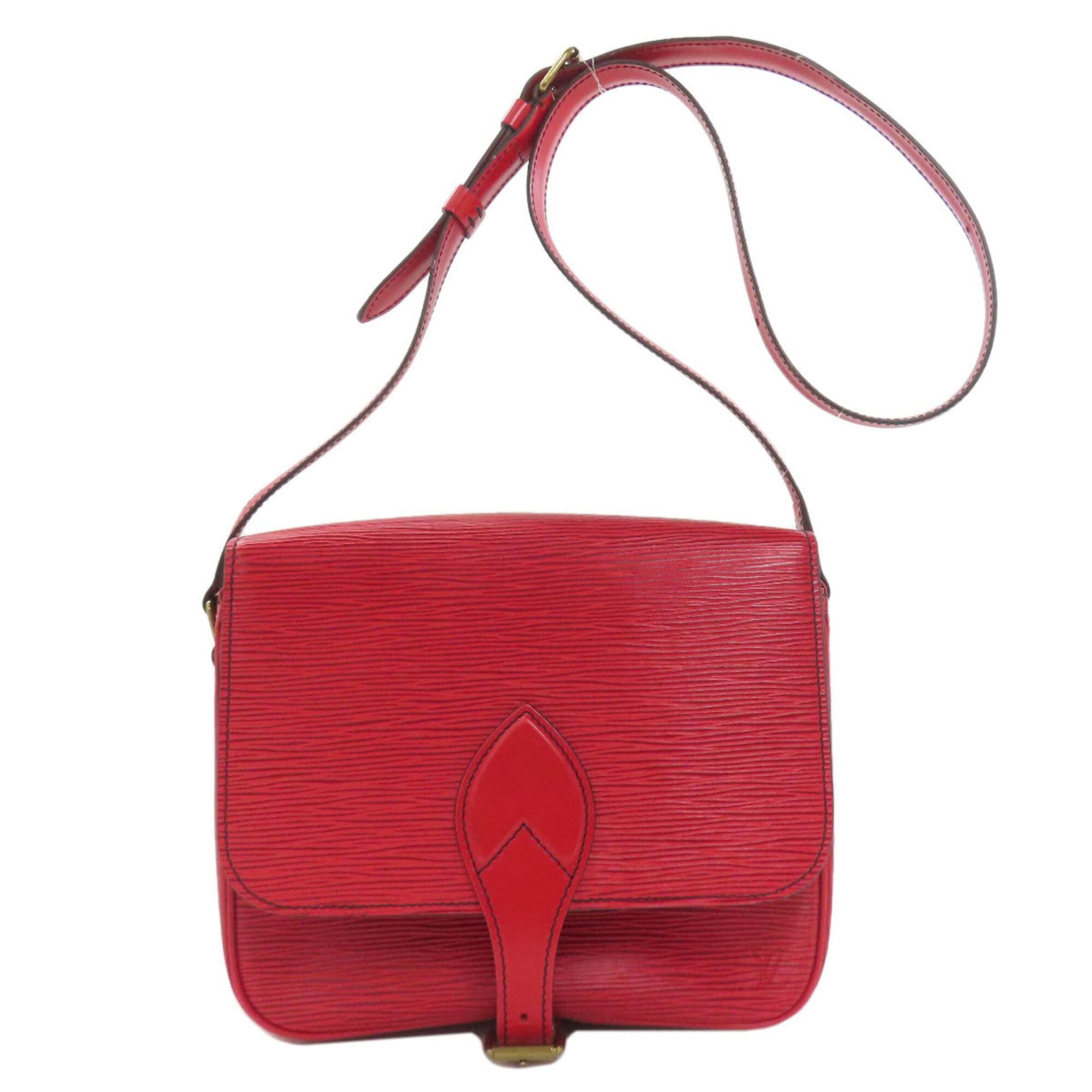 Vuitton Leather Epi Bag Shoulder Louis: Vuitton Leather Epi Bag Shoulder Louis Red Epi leather shoulder bag with belt closure, measuring 19cm x 22cm x 7.5cm and featuring adjustable strap lengths from 85.5cm to 113.5cm. This Louis Vuitton L