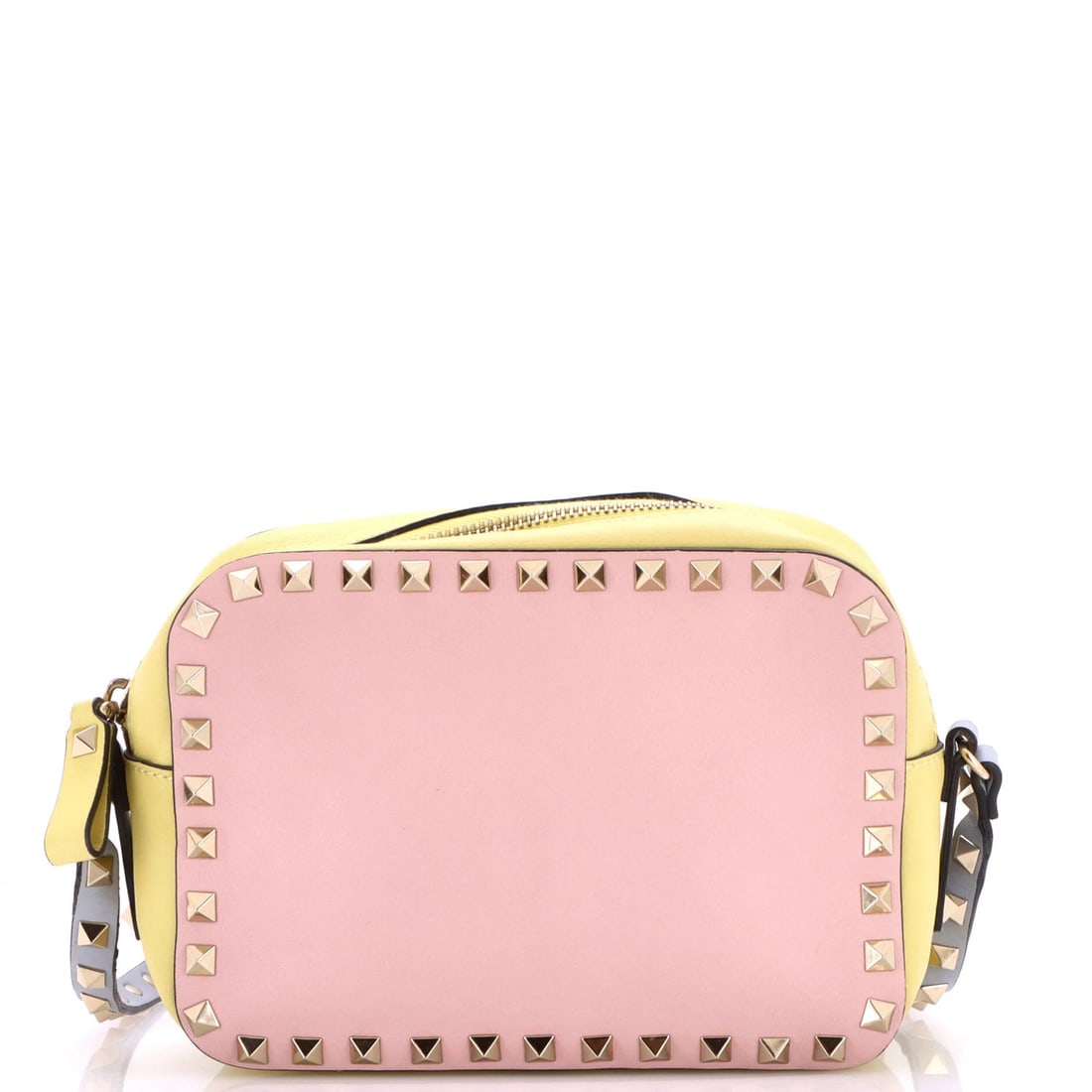 Garavani Valentino Rockstud Camera Crossbody Bag Leather: Garavani Valentino Rockstud Camera Crossbody Bag Leather This vibrant multicolor leather crossbody bag features the iconic Rockstud Camera design from Valentino Garavani, with its unique blend of