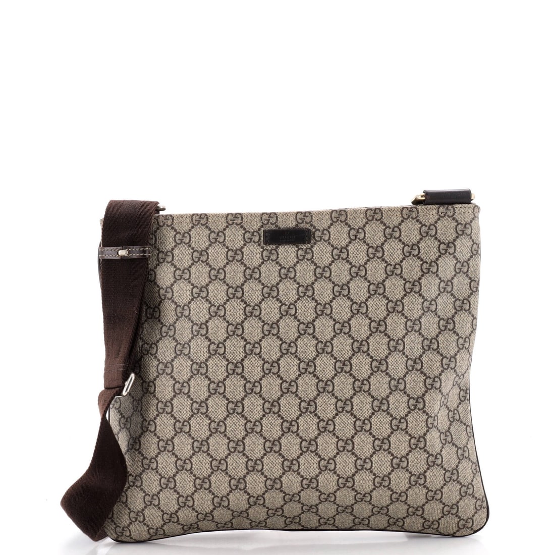 Gucci Zip Top Messenger Bag GG Coated Canvas Large: Gucci Zip Top Messenger Bag GG Coated Canvas Large Brown Gucci Zip Top Messenger Bag with GG Coated Canvas Exterior, Measuring 12" x 13" x 2". This large cross body bag features repainted leather