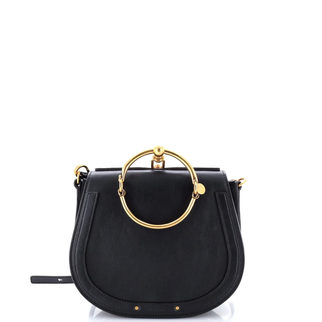 Nile Crossbody Bag Leather Medium Chloe: Nile Crossbody Bag Leather Medium Chloe Black leather medium crossbody bag with suede interior, featuring an aged gold hardware and minor creases on exterior. Measures 4" handle drop, 8" height, 10"