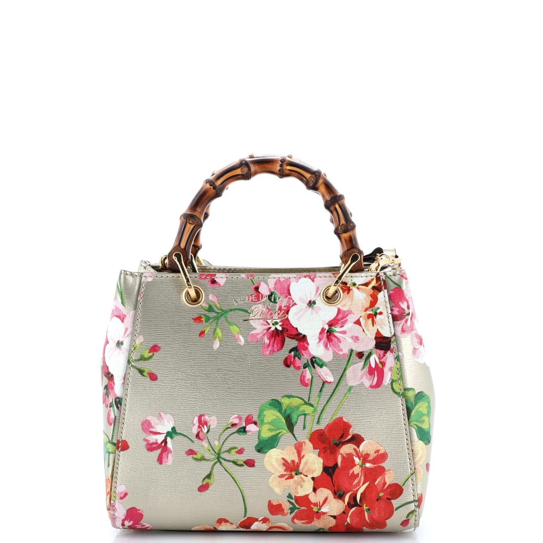 Gucci Mini Tote Blooms Print Leather Shopper Bamboo: Gucci Mini Tote Blooms Print Leather Shopper Bamboo Gucci's Mini Tote Blooms Print Leather Shopper Bamboo boasts a chic gold exterior with a striking blooms print, perfectly balanced by neutral canvas