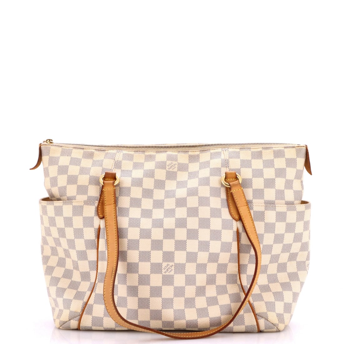 Louis Vuitton Totally Handbag Damier MM: Louis Vuitton Totally Handbag Damier MM The Louis Vuitton Totally Handbag Damier MM in white canvas features a classic totes design with gold hardware, measuring 11.5" tall and 13" wide. This stylish 