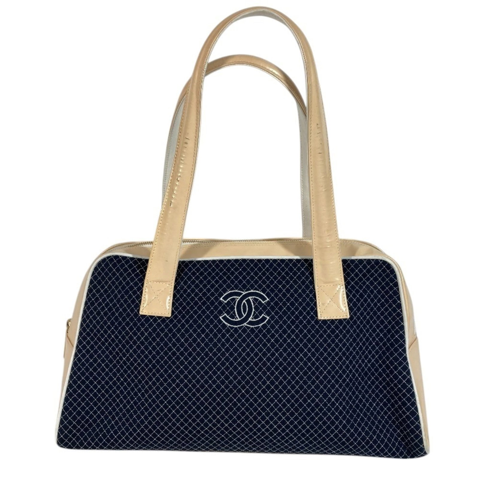 Chanel Boston Bag Shoulder Bag Sports Bag Tote Bag Canvas: Chanel Boston Bag Shoulder Bag Sports Bag Tote Bag Canvas Canvas Chanel Boston Bag Shoulder Bag Sports Bag Tote Bag, Navy and White Colors. This iconic bag features the classic design of the Boston ba